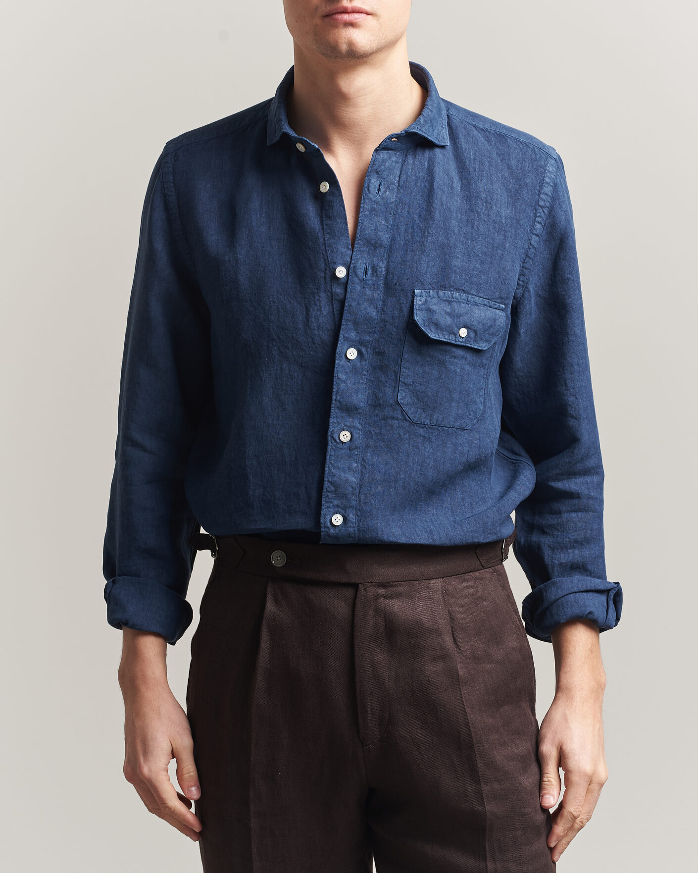 Heren | Overhemden | Finamore Napoli | Salina Garment Dyed Linen Overshirt Navy