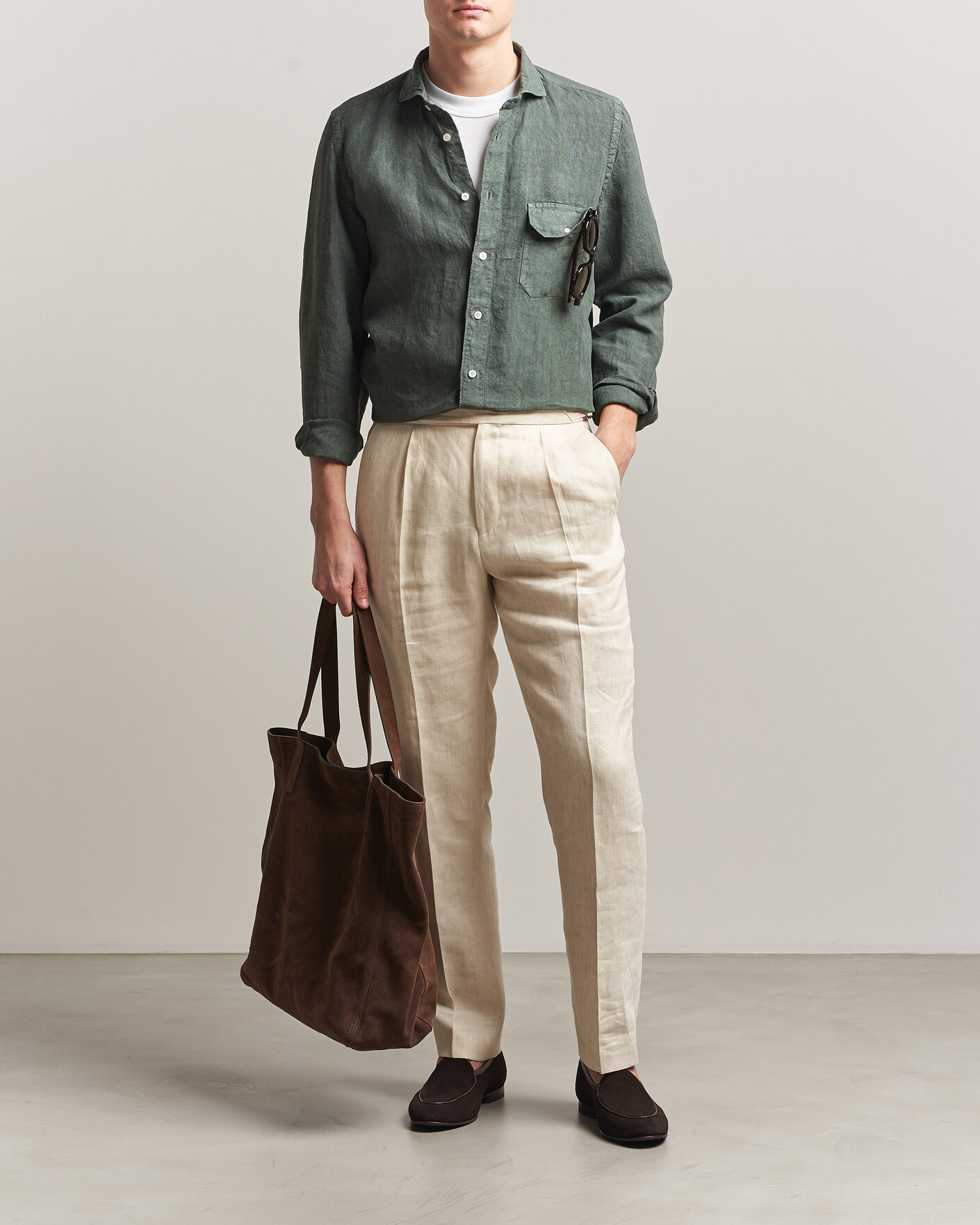 Heren | Overhemden | Finamore Napoli | Salina Garment Dyed Linen Overshirt Dark Green