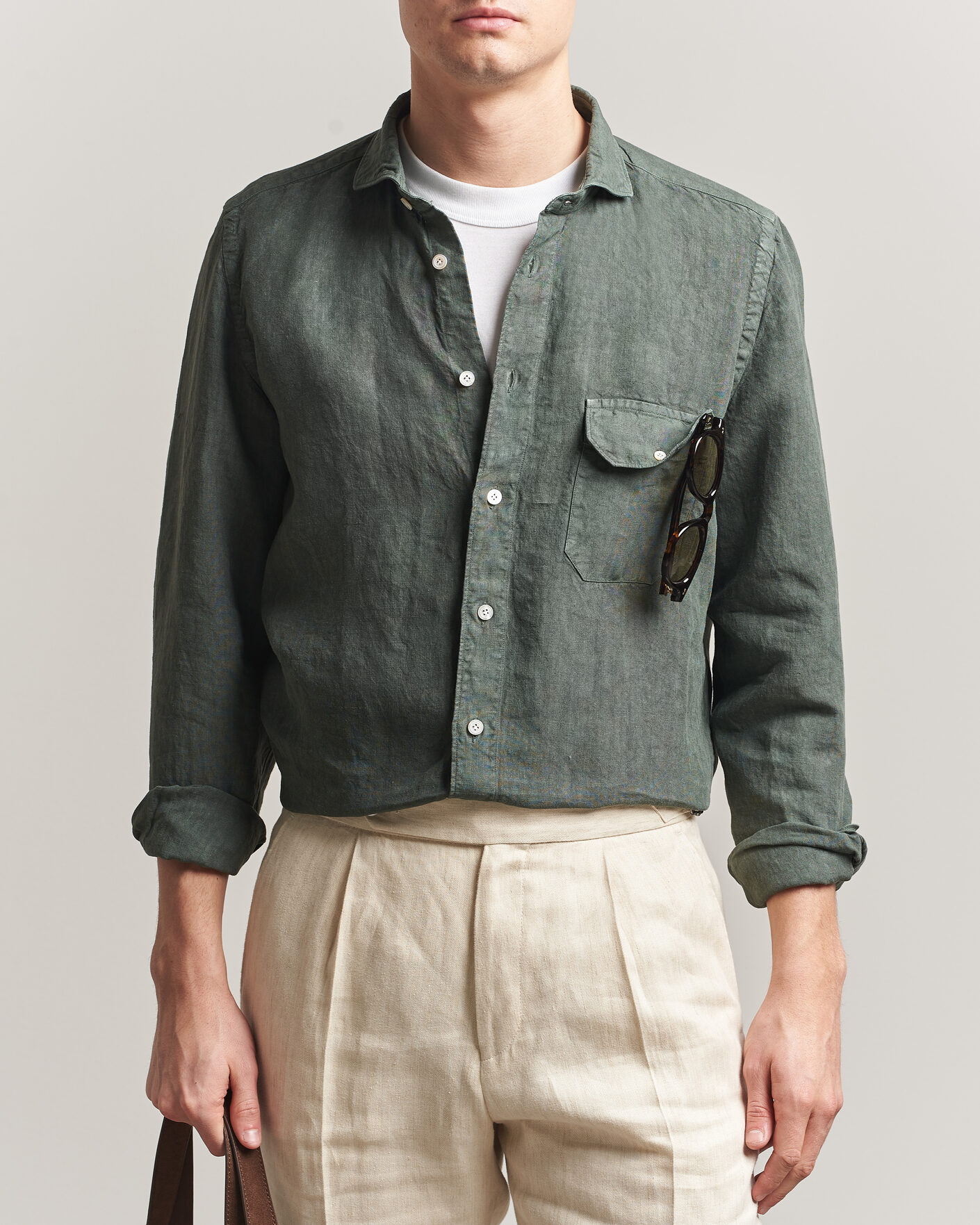 Heren | Overhemden | Finamore Napoli | Salina Garment Dyed Linen Overshirt Dark Green