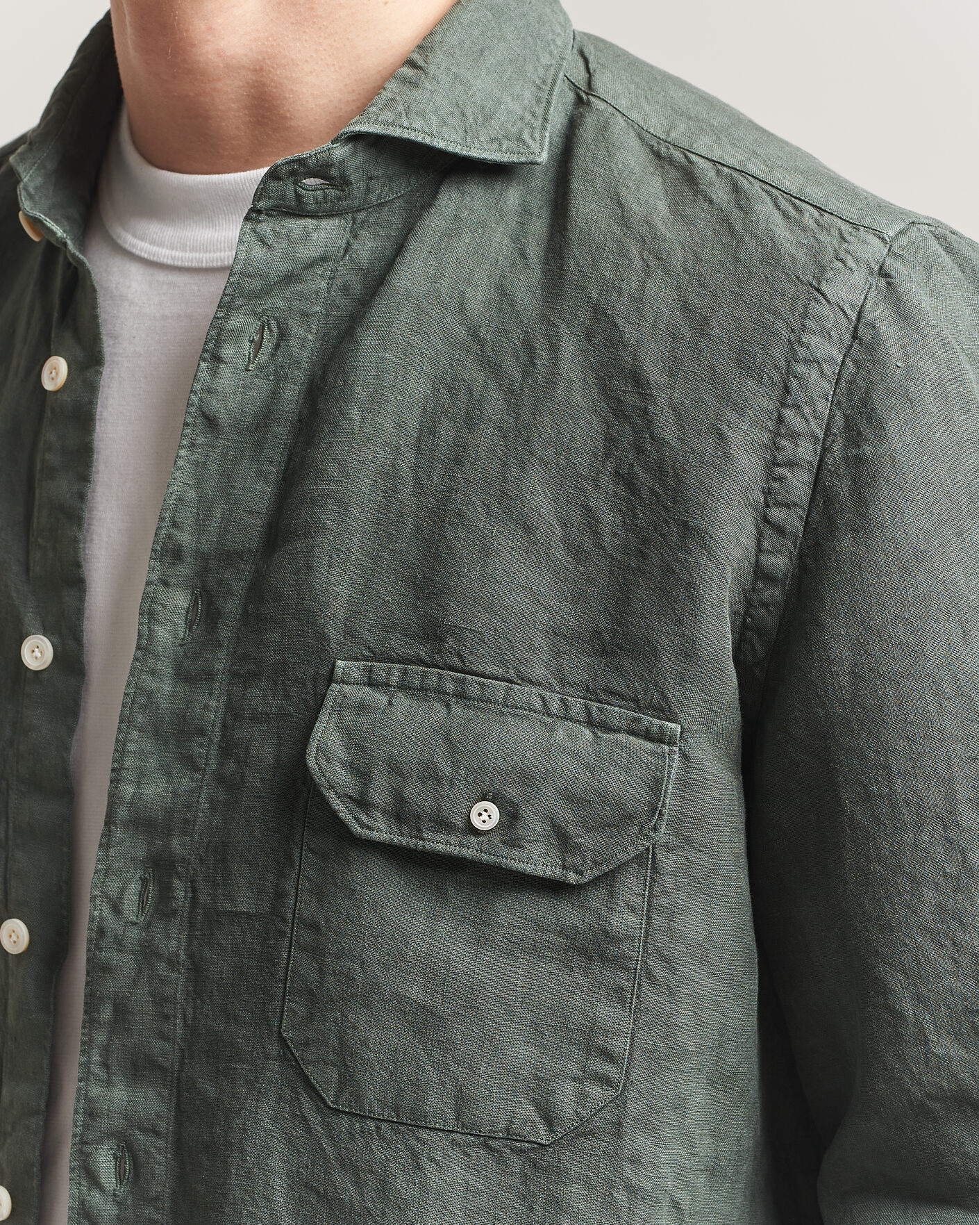 Heren | Overhemden | Finamore Napoli | Salina Garment Dyed Linen Overshirt Dark Green