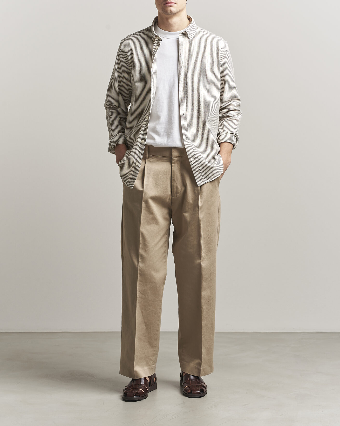 Heren | Overhemden | LES DEUX | Konrad Striped Cotton/Linen Shirt Teak Brown
