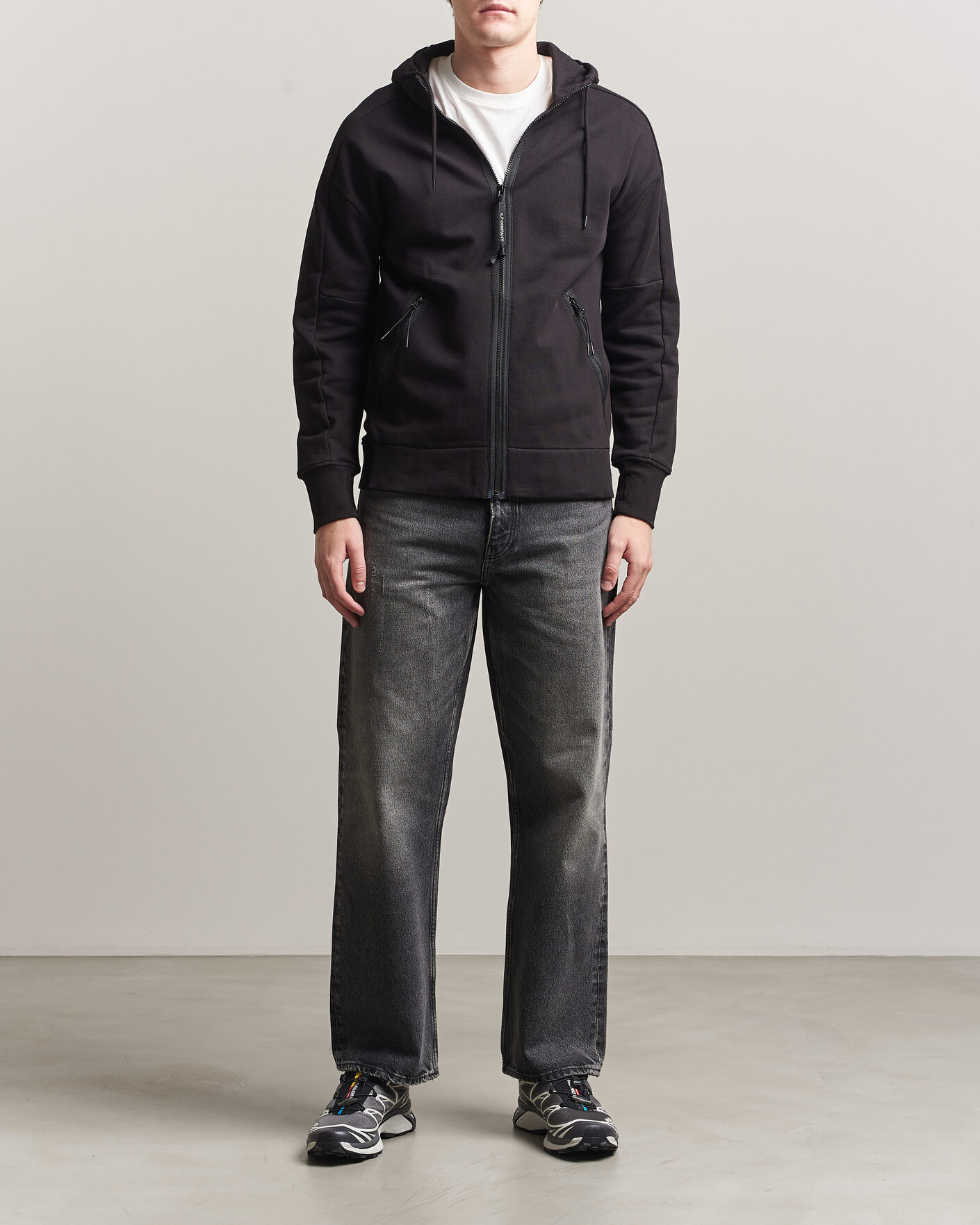 Heren | Truien | C.P. Company | Diagonal Raised Fleece Full Zip Goggle Hoodie Black