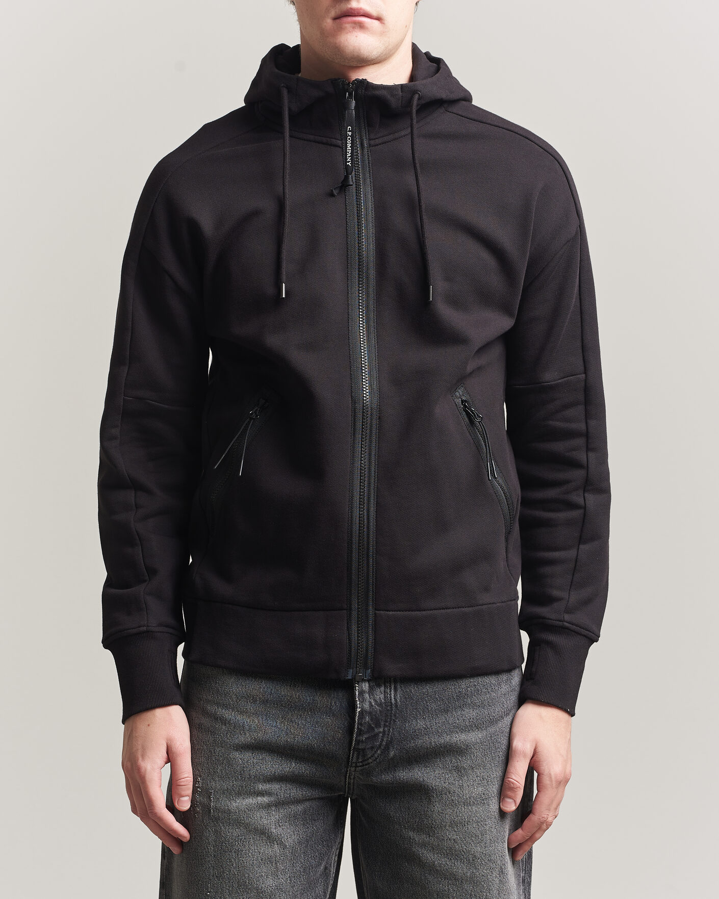 Heren | Truien | C.P. Company | Diagonal Raised Fleece Full Zip Goggle Hoodie Black