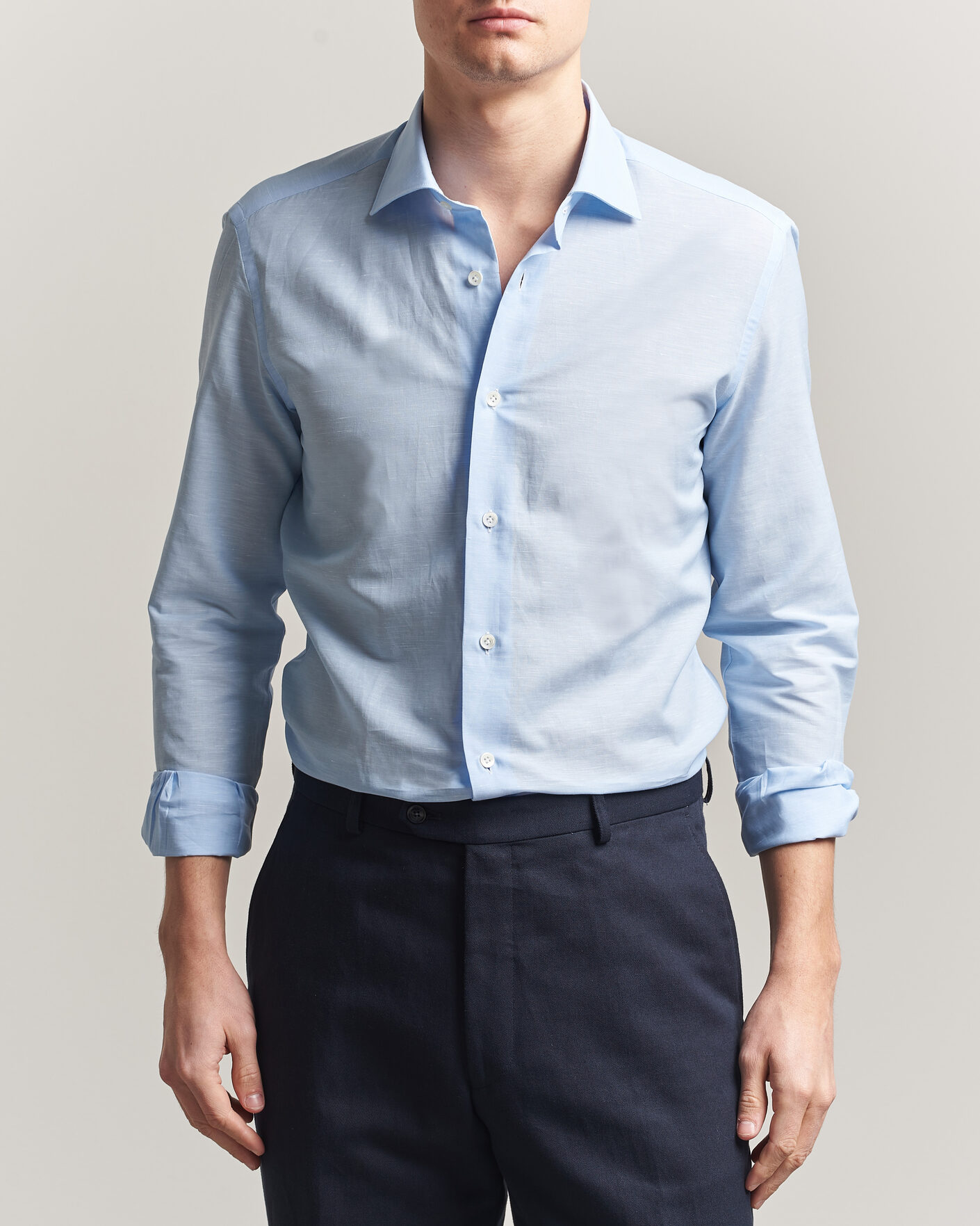 Heren | Overhemden | Mazzarelli | Soft Cotton/Linen Shirt Light Blue