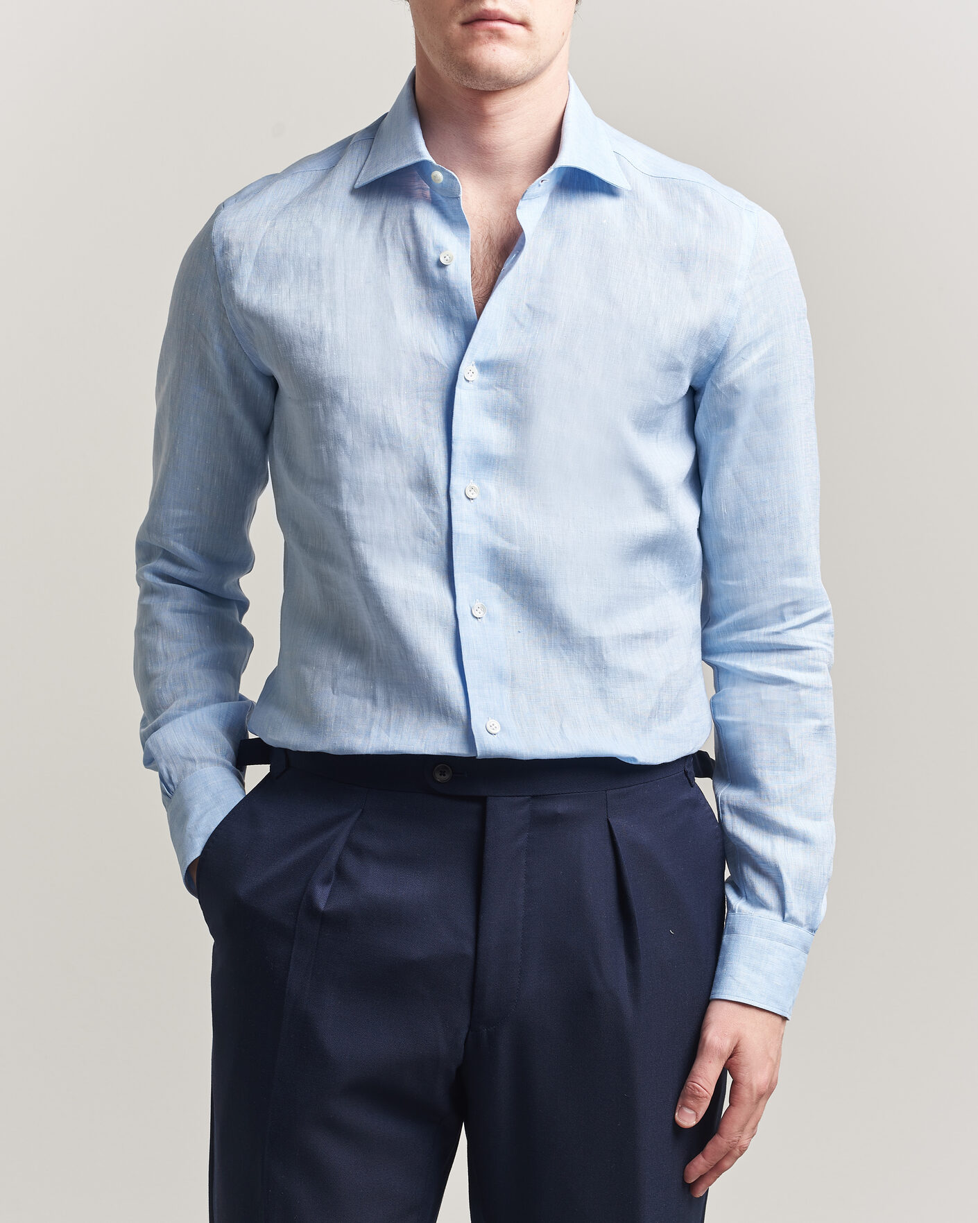 Heren | Overhemden | Mazzarelli | Soft Linen Shirt Light Blue