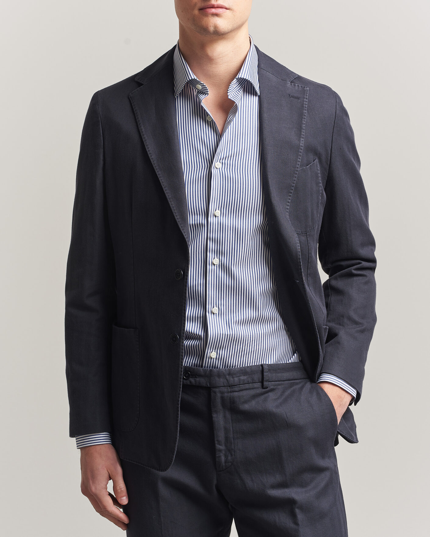 Heren | Blazers | Morris | Washed Cotton Herringbone Blazer Navy