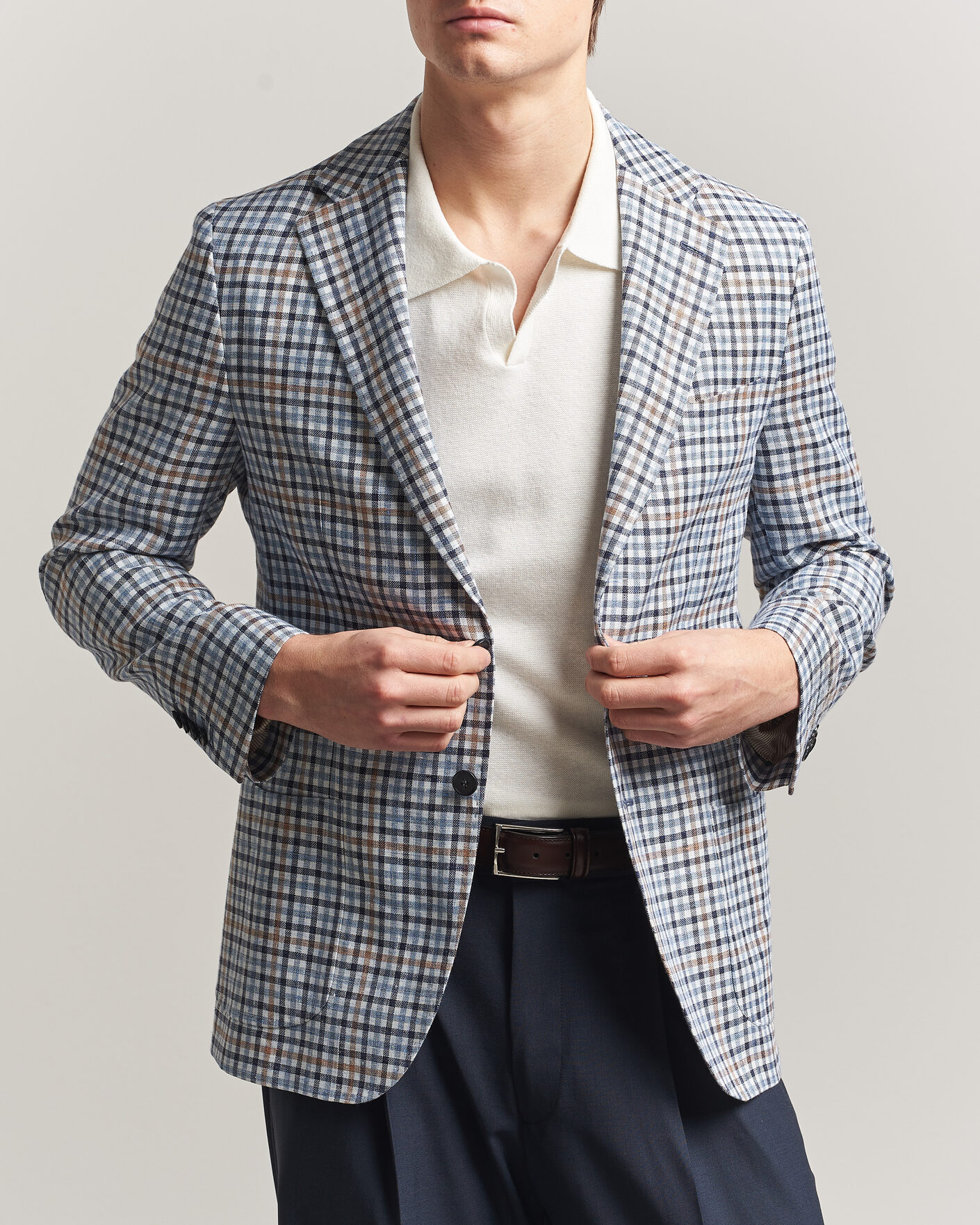 Heren | Blazers | Morris | Linen Cotton Checked Blazer Blue
