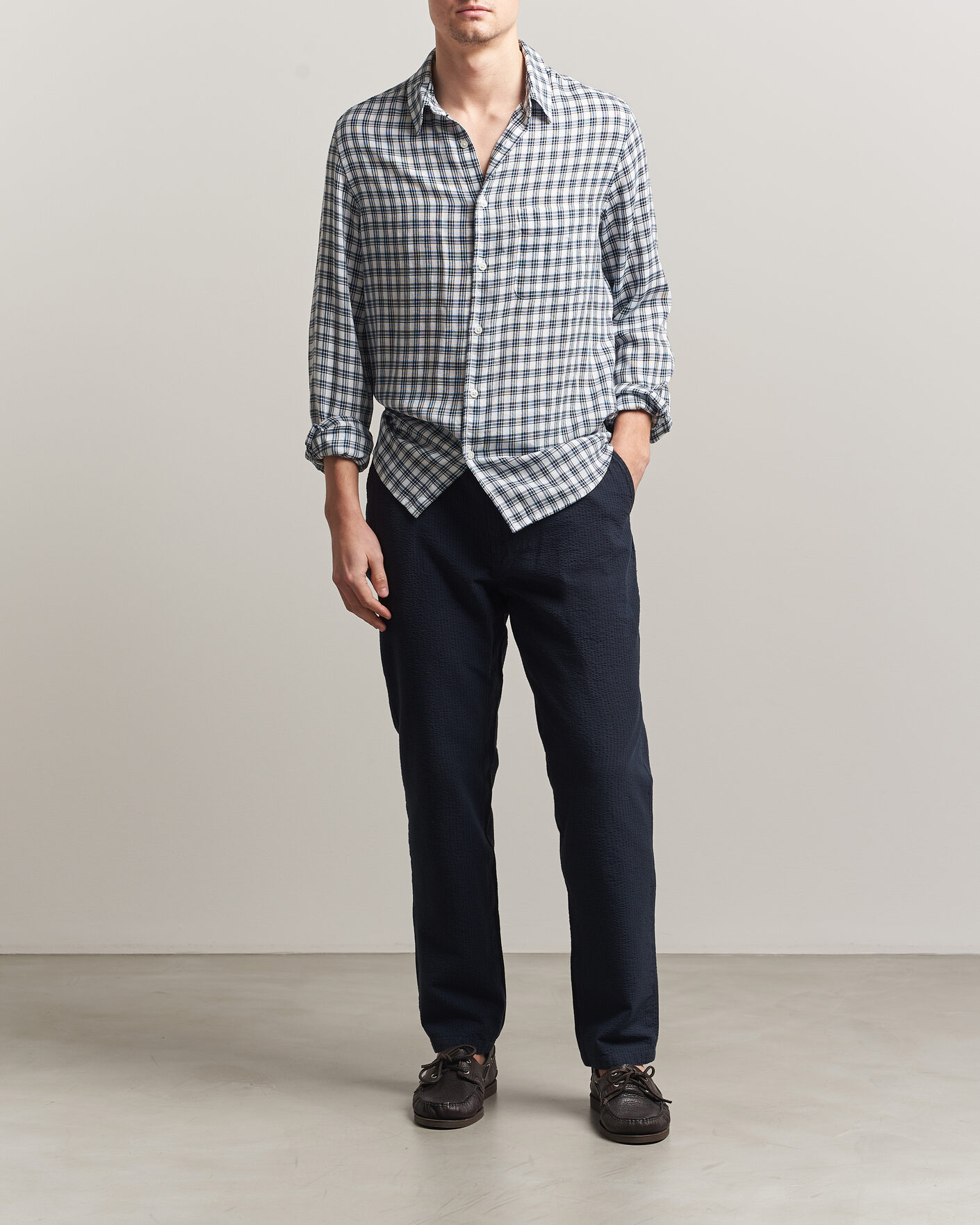 Heren | Broeken | Morris | Fenix Seersucker Trousers Dark Blue