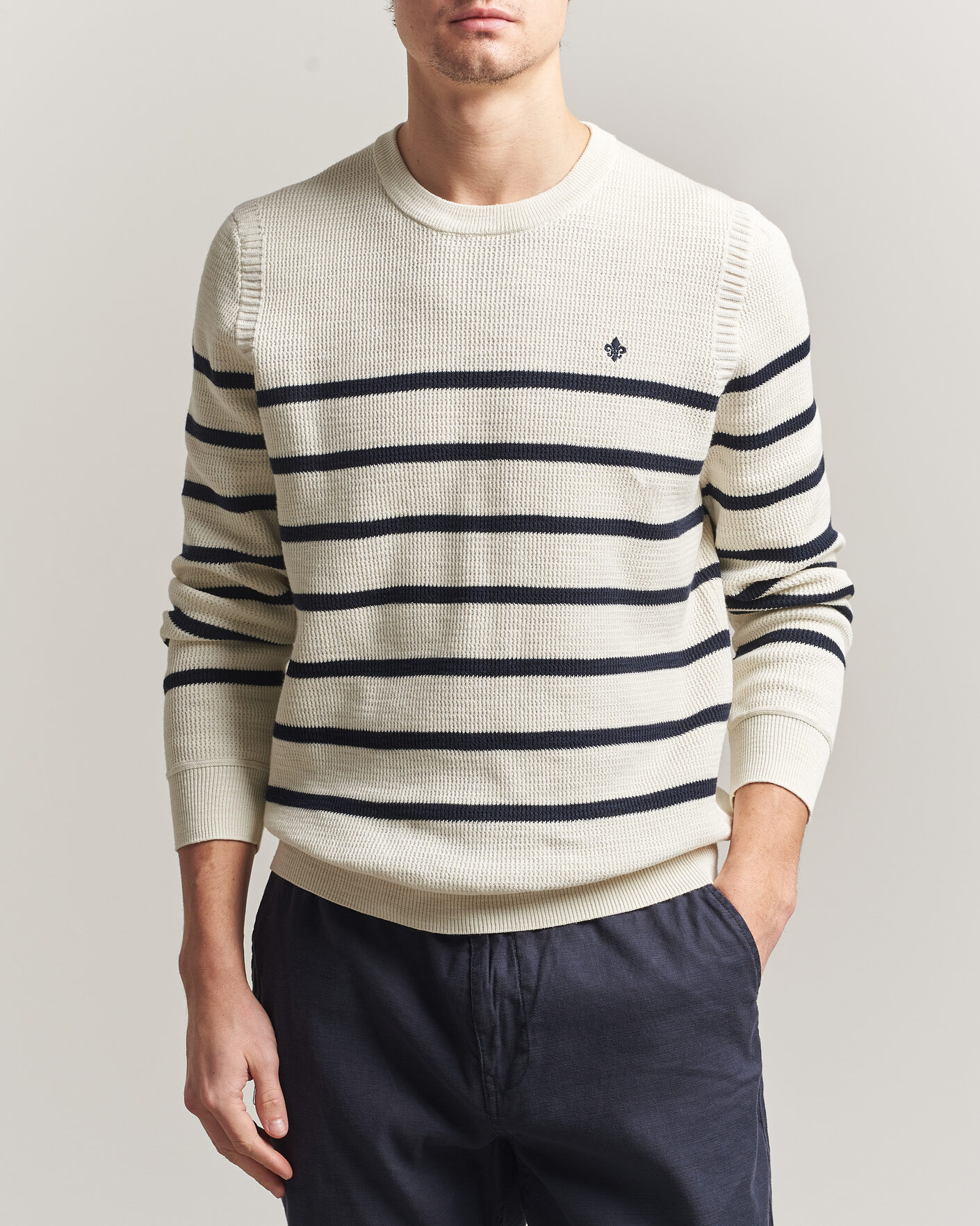 Heren | Truien | Morris | Benedict Stripe Oneck Off White