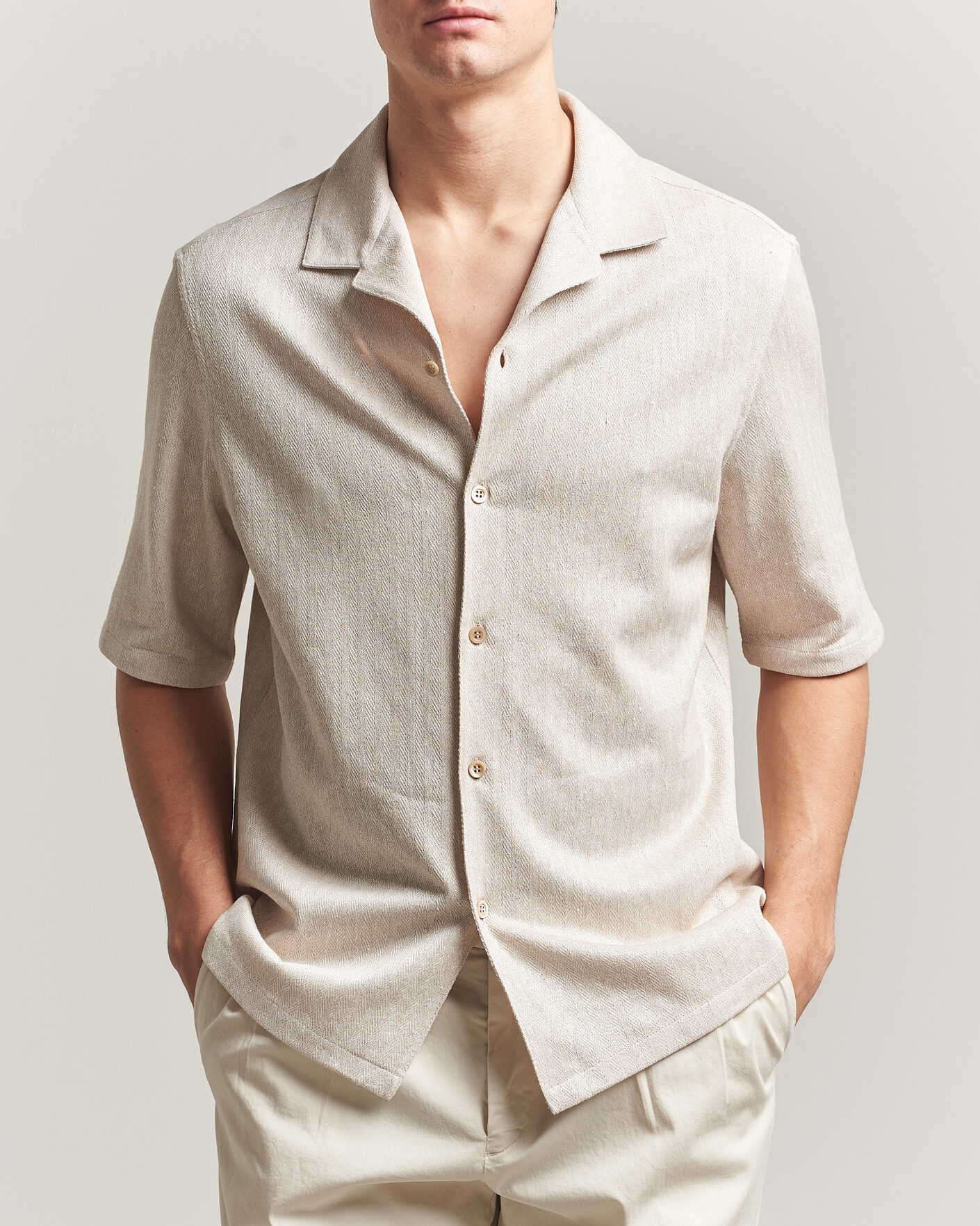 Heren | Overhemden | Brunello Cucinelli | Linen Herringbone Camp Shirt Light Beige