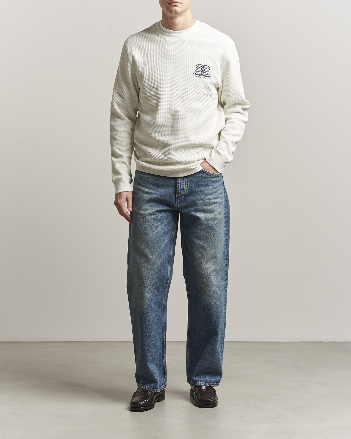 Heren | T-shirts | Samsøe Samsøe | Fellow Waffle Printed Long Sleeve T-Shirt Clear Cream