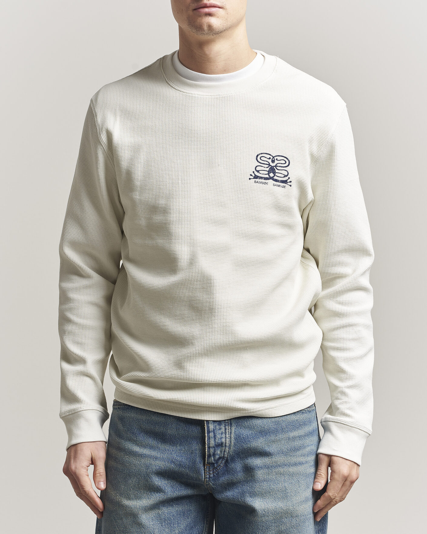 Heren | T-shirts | Samsøe Samsøe | Fellow Waffle Printed Long Sleeve T-Shirt Clear Cream