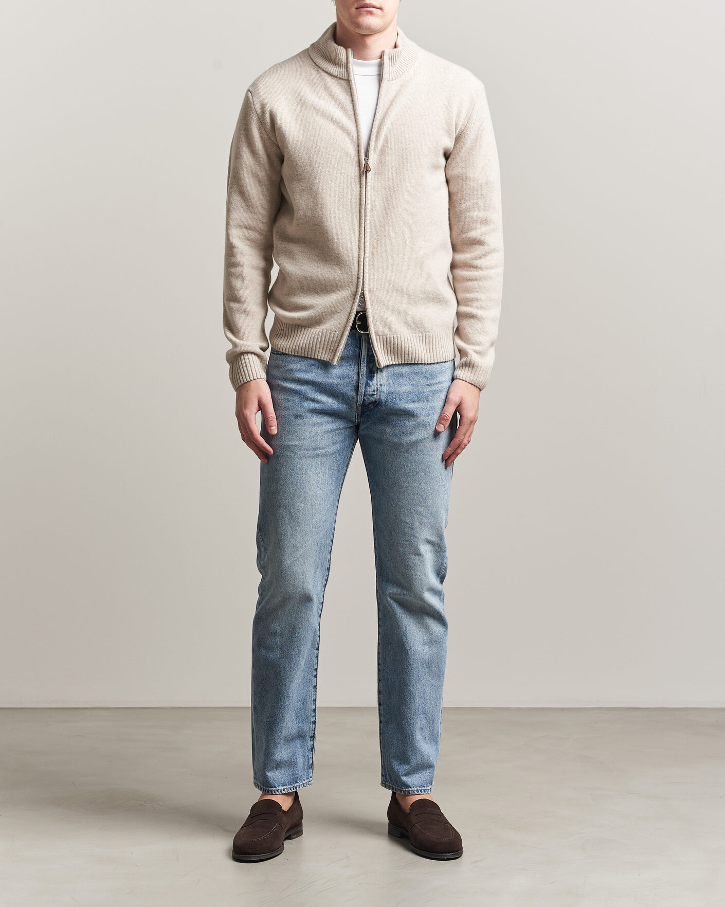 Heren | Truien | Stenströms | Brushed Merino Full Zip Beige