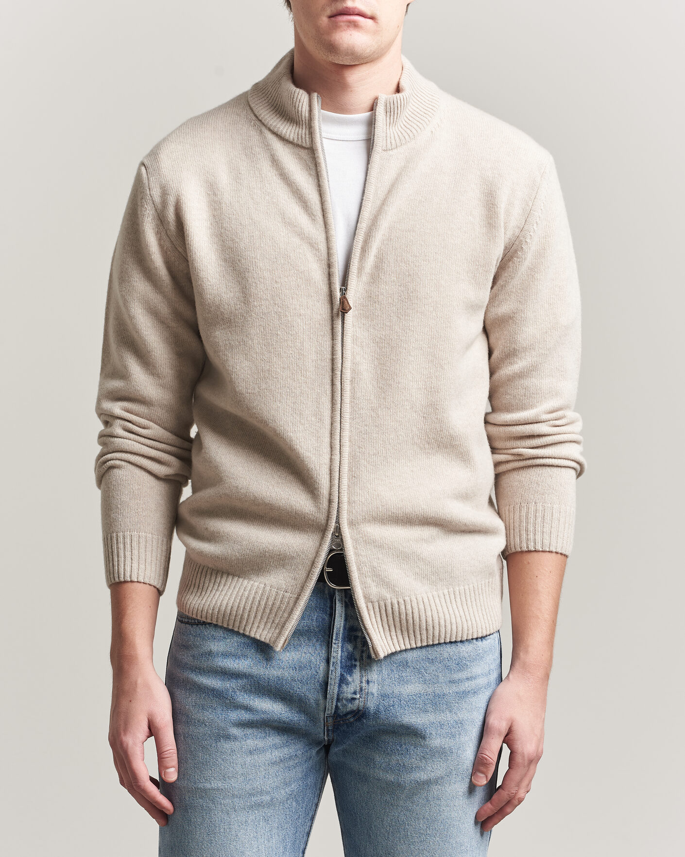 Heren | Truien | Stenströms | Brushed Merino Full Zip Beige
