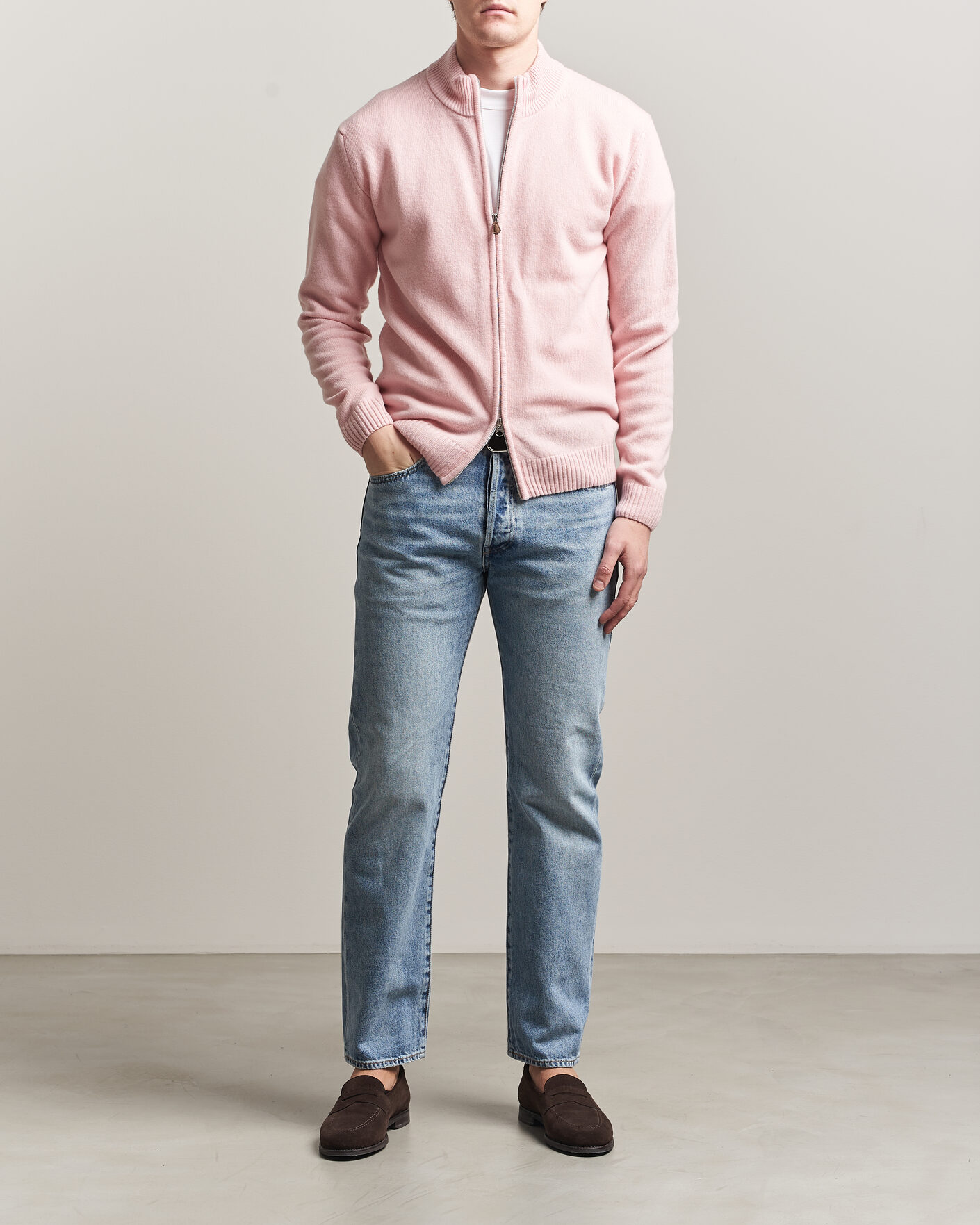 Heren | Truien | Stenströms | Brushed Merino Full Zip Pink