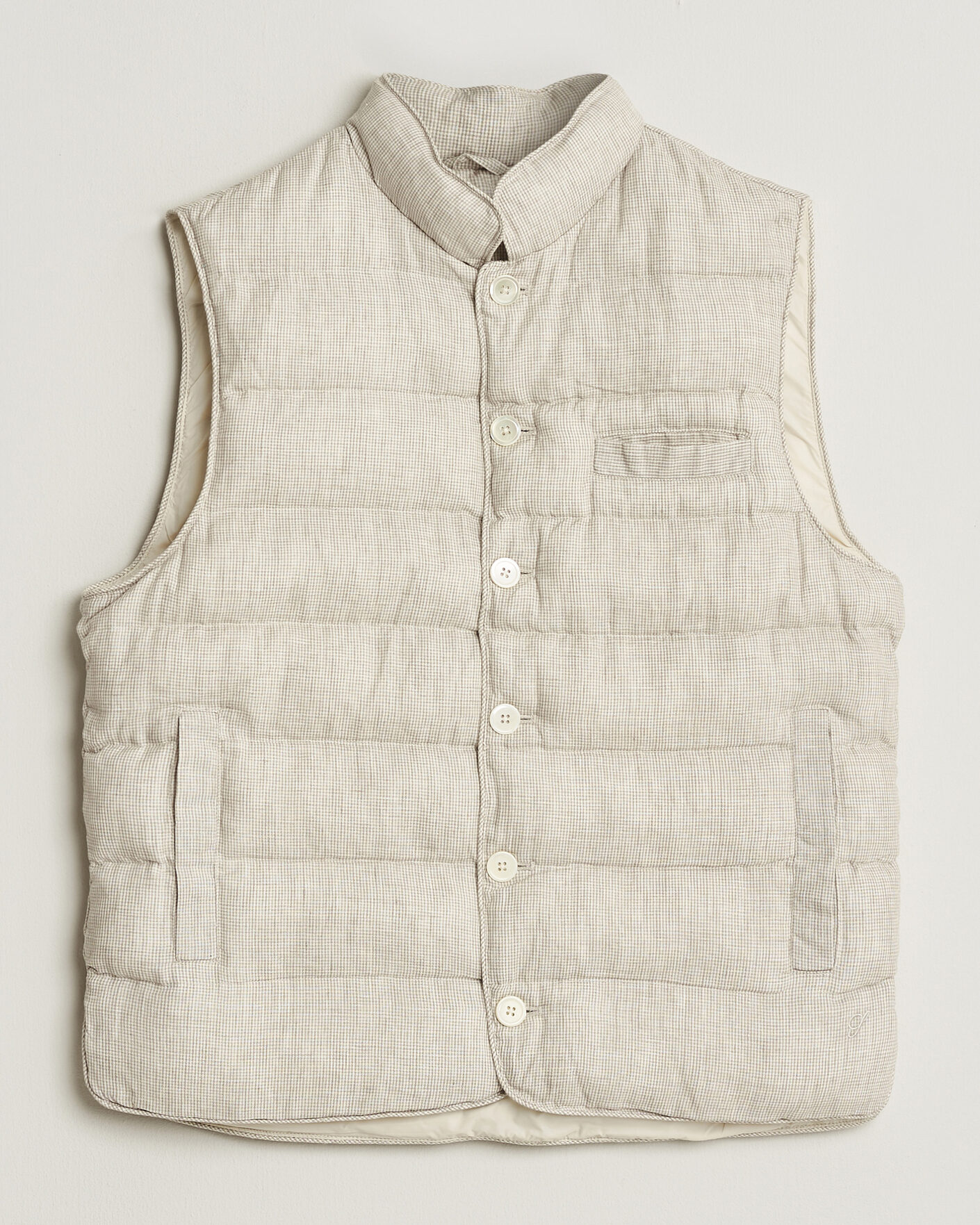 Heren | Gilets | Stenströms | Padded Mini Houndstooth Linen Vest Beige