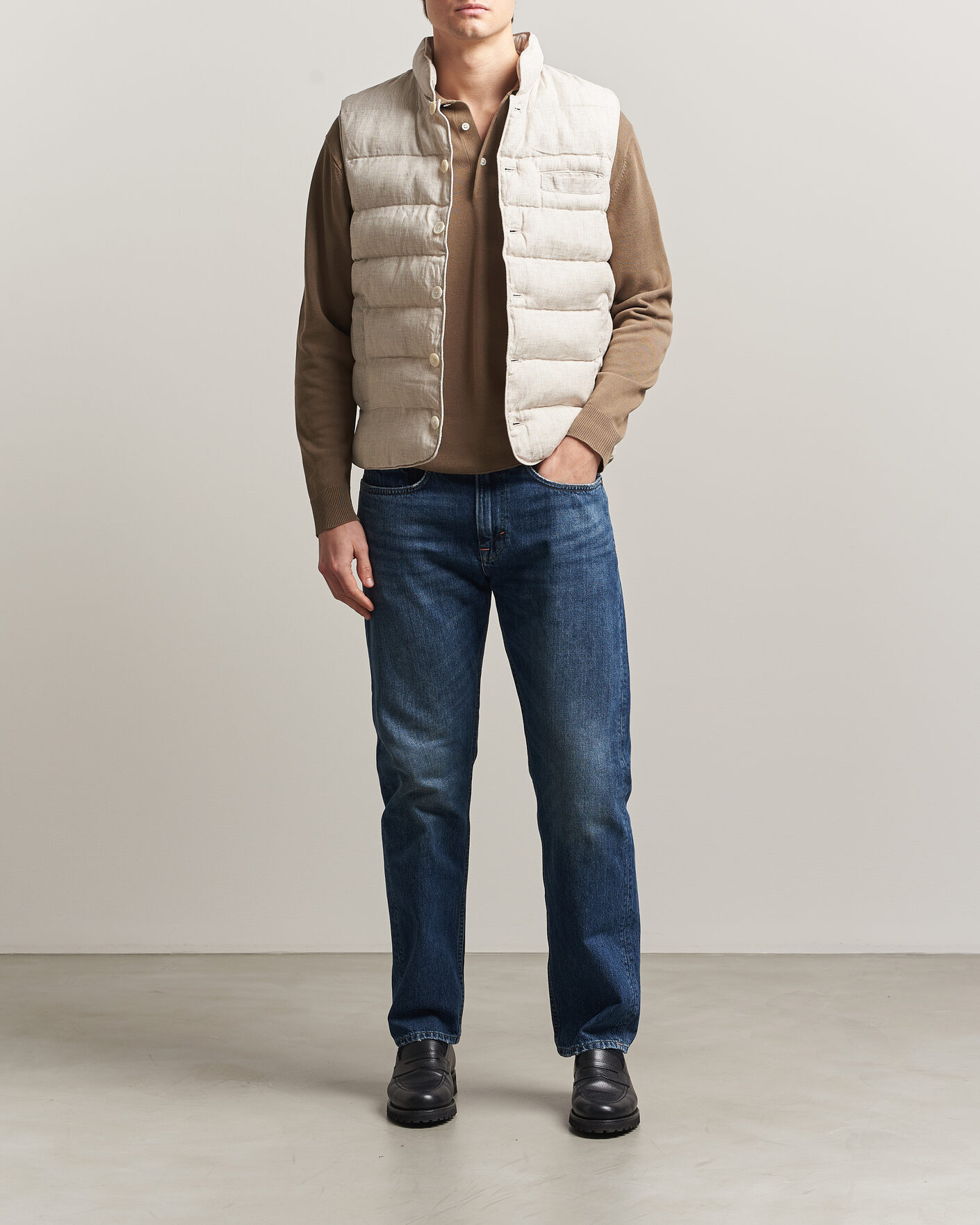 Heren | Gilets | Stenströms | Padded Mini Houndstooth Linen Vest Beige