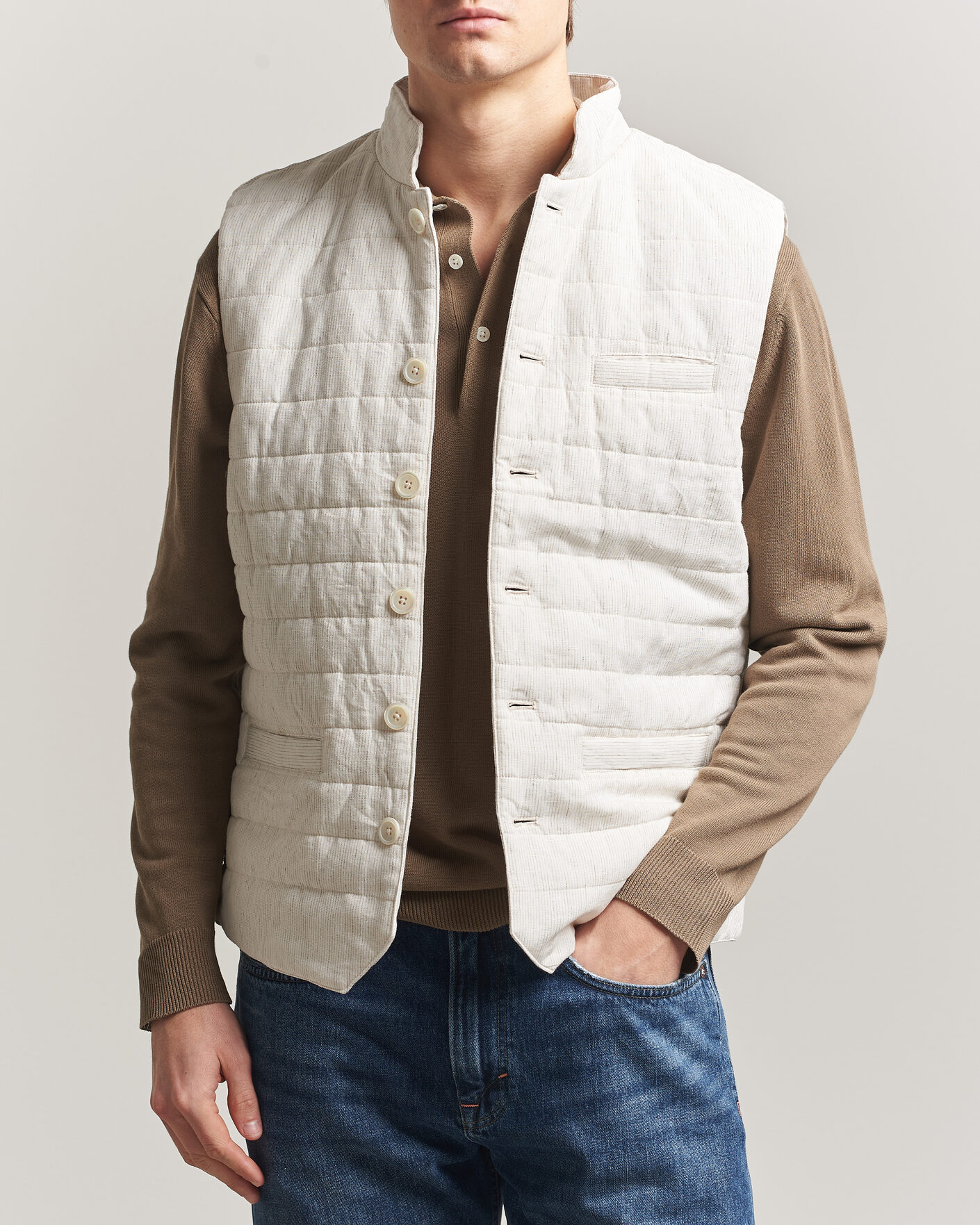 Heren | Gilets | Stenströms | Mid Layer Pin Stripe Linen Vest Off White