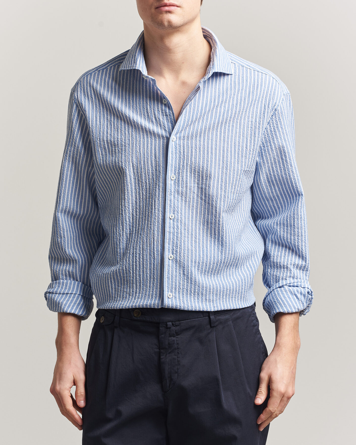 Heren | Overhemden | Stenströms | Regular Fit Striped Seersucker Shirt Blue