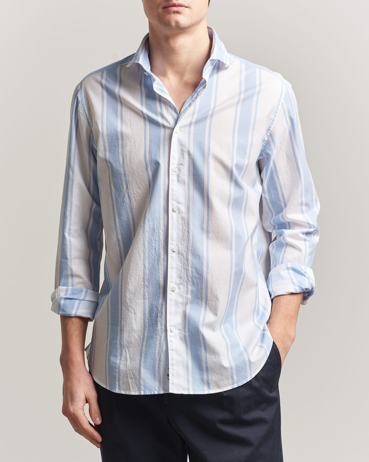 Heren | Overhemden | Stenströms | Regular Fit Thin Poplin Stripe Shirt Blue