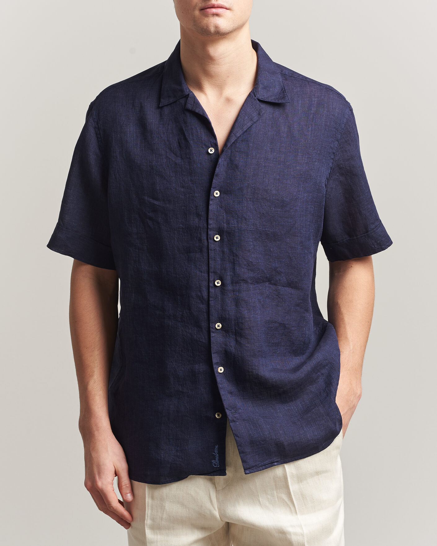 Heren | Overhemden | Stenströms | Short Sleeve Linen Shirt Navy