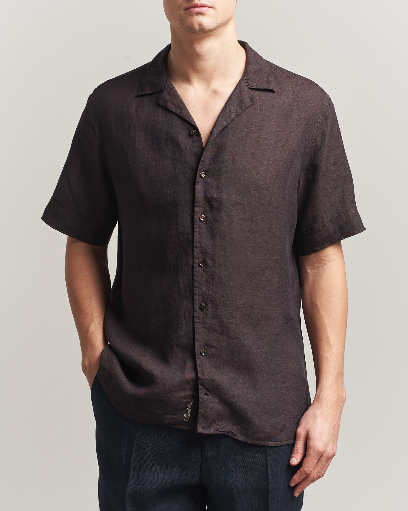 Heren | Overhemden | Stenströms | Short Sleeve Linen Shirt Dark Brown