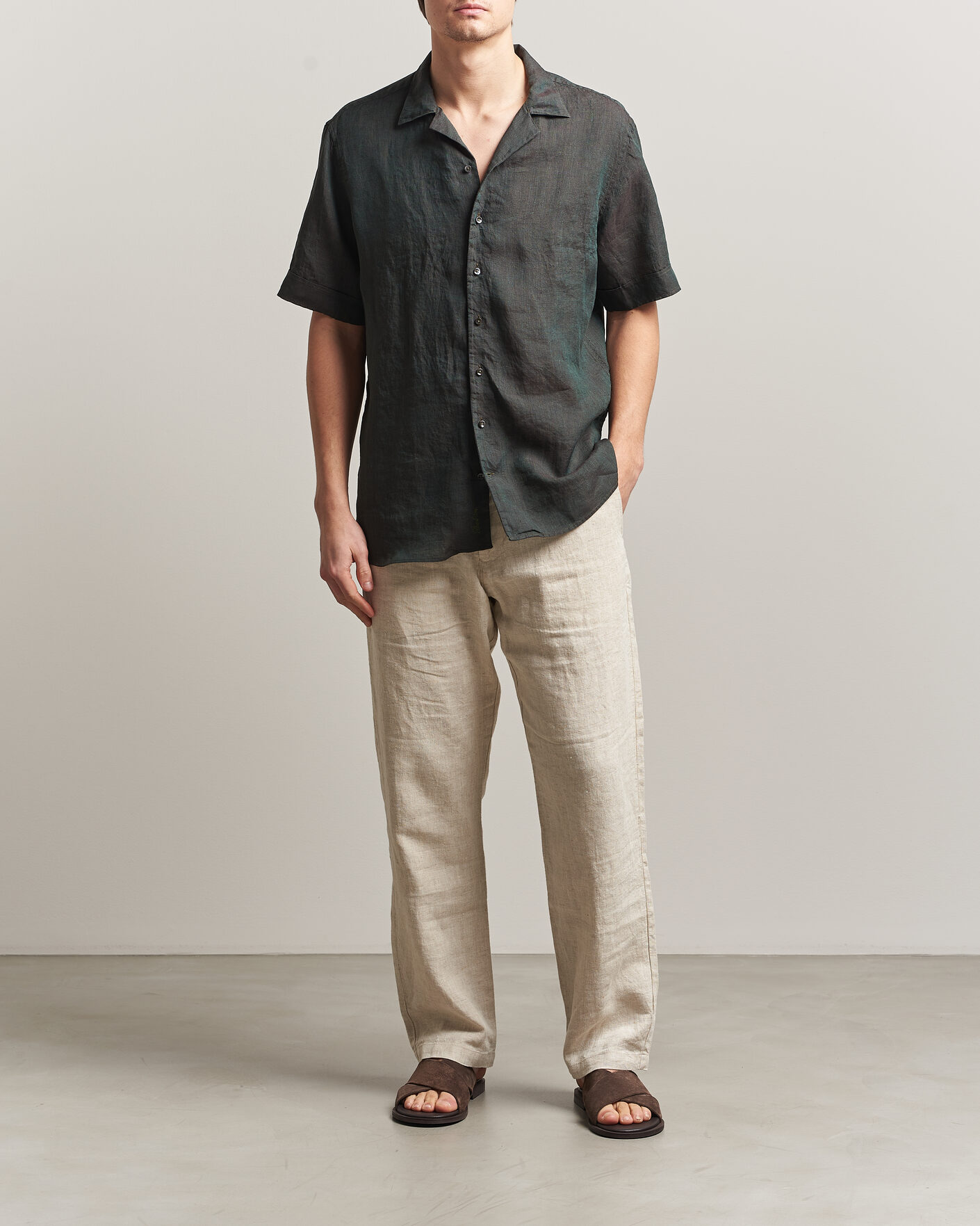 Heren | Overhemden | Stenströms | Short Sleeve Linen Shirt Dark Green