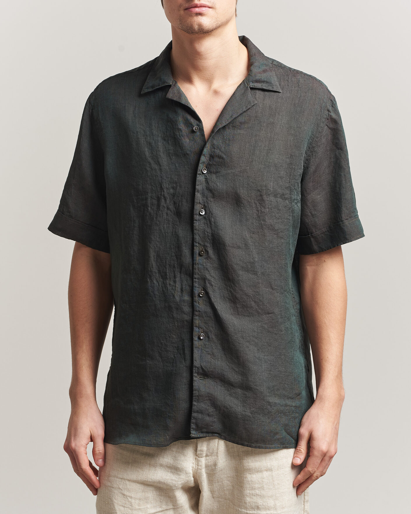 Heren | Overhemden | Stenströms | Short Sleeve Linen Shirt Dark Green