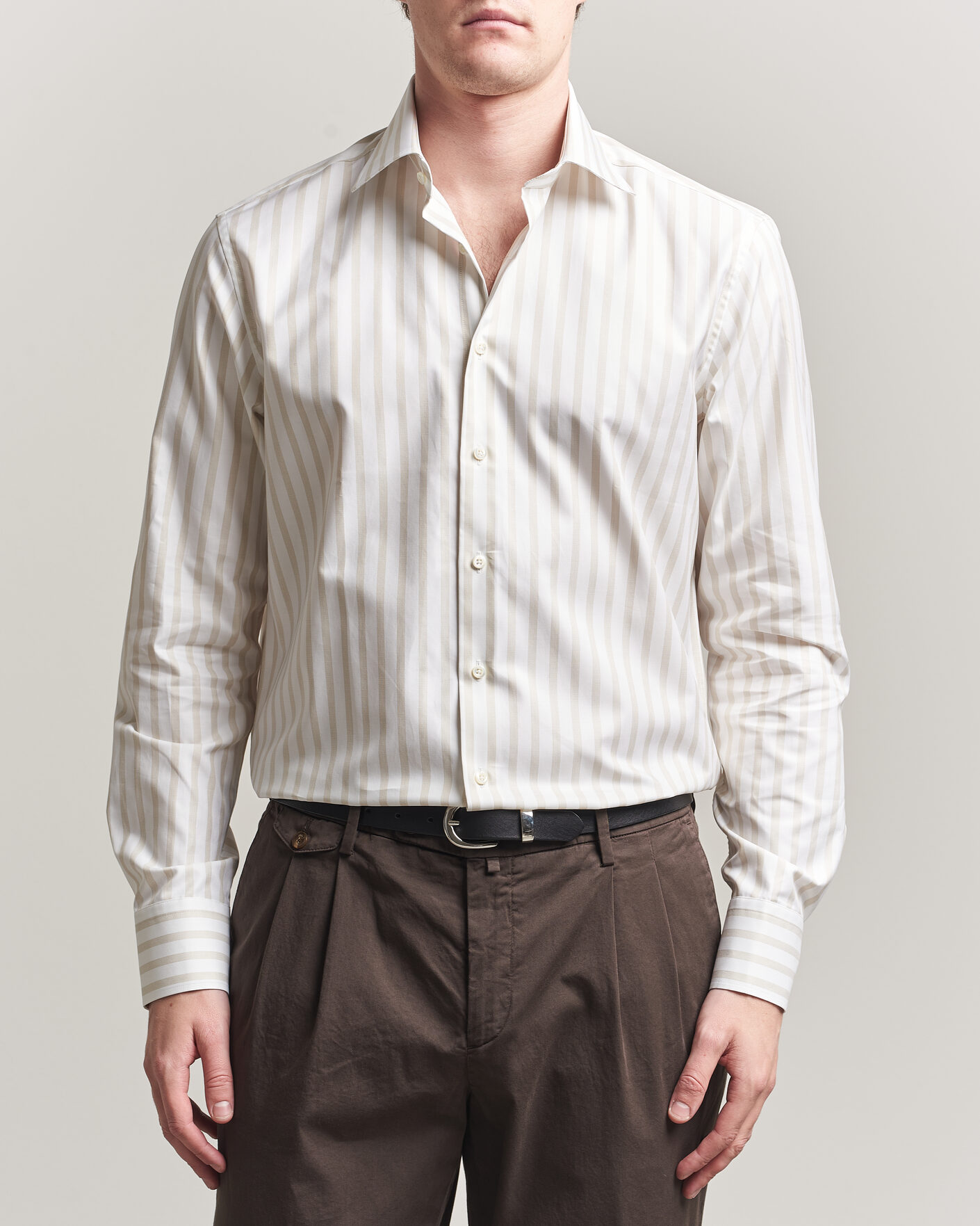 Heren | Overhemden | Stenströms | Regular Wide Stripe Twill Shirt Beige