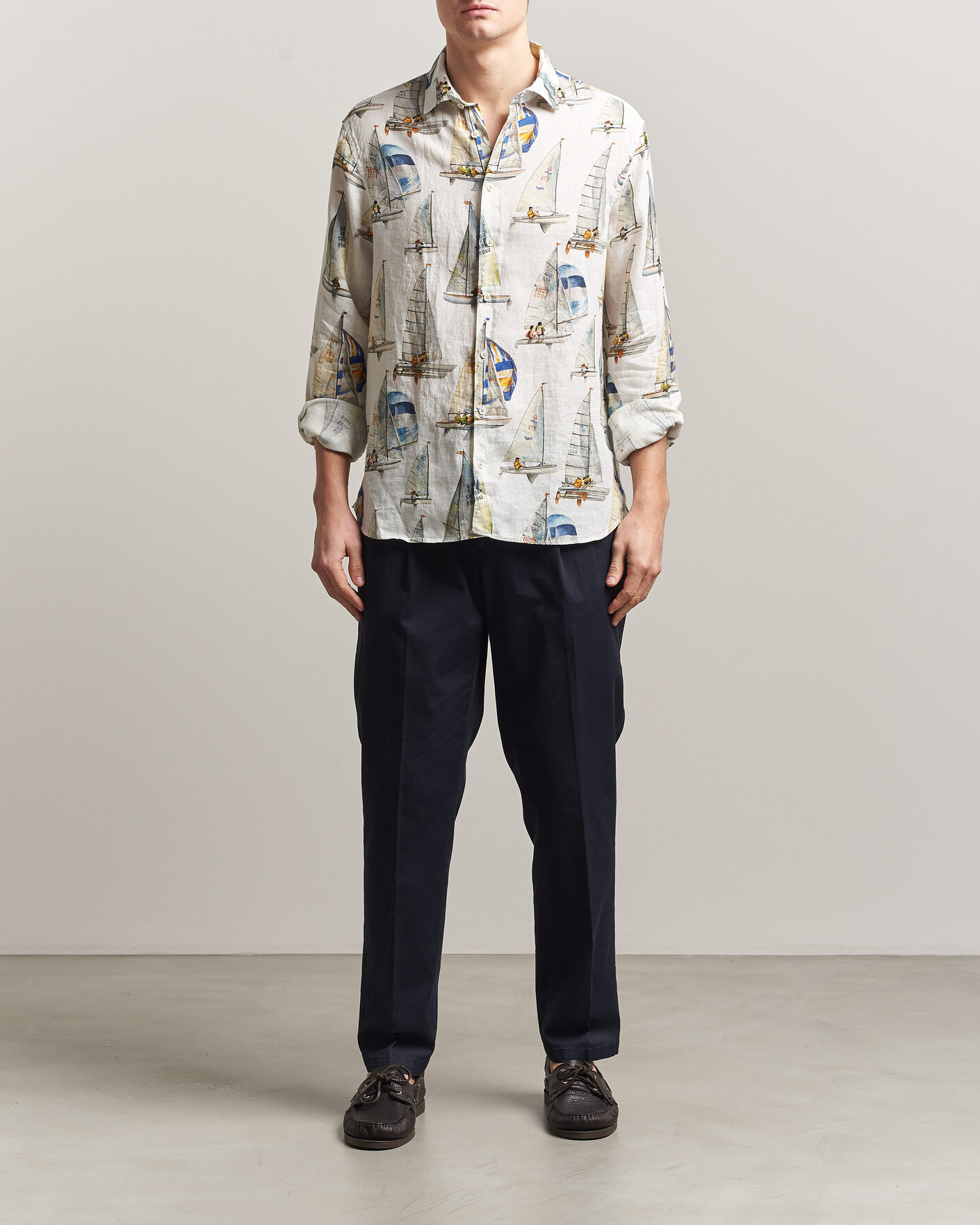 Heren | Overhemden | Stenströms | Regular Fit Printed Sailing Linen Shirt White