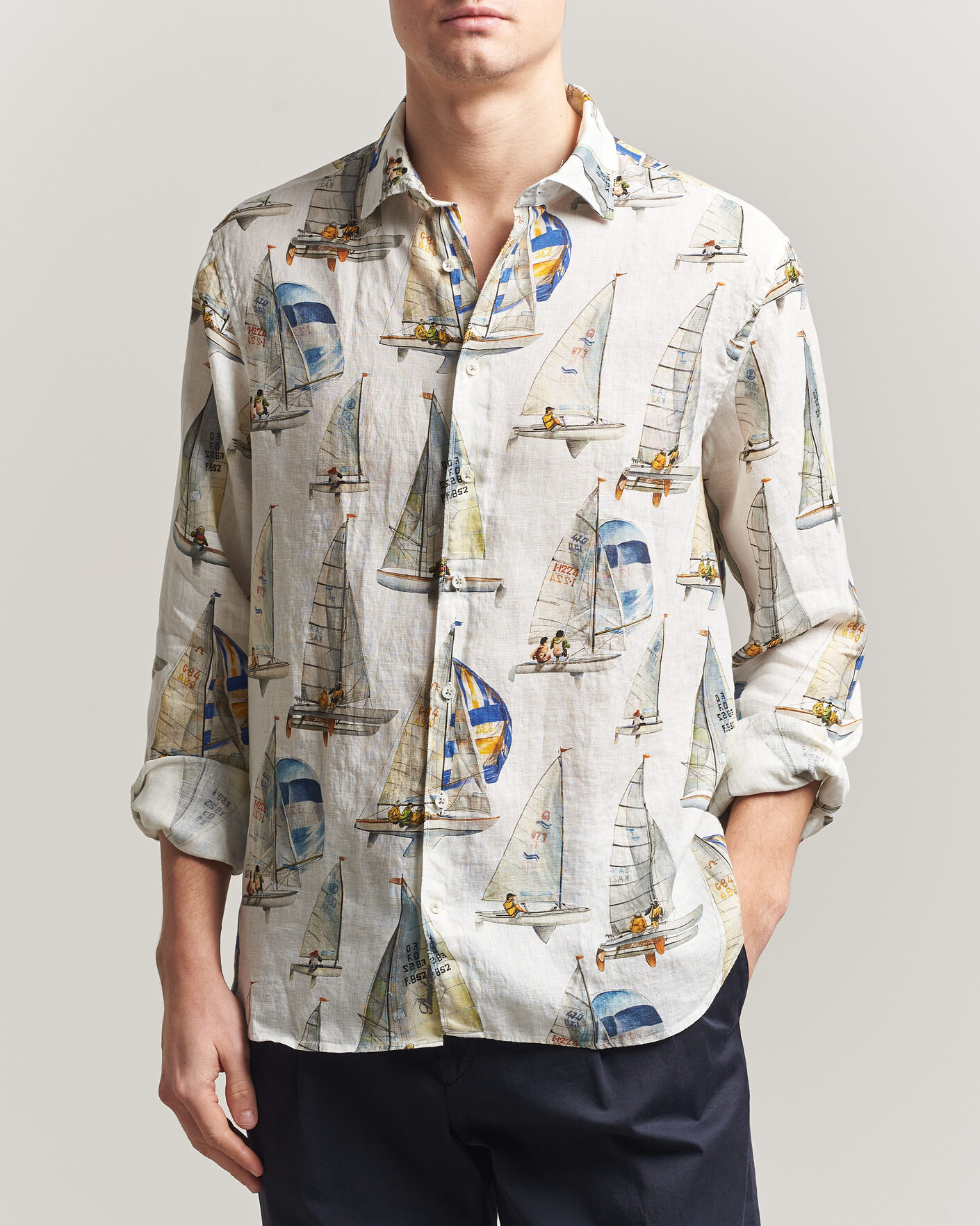 Heren | Overhemden | Stenströms | Regular Fit Printed Sailing Linen Shirt White