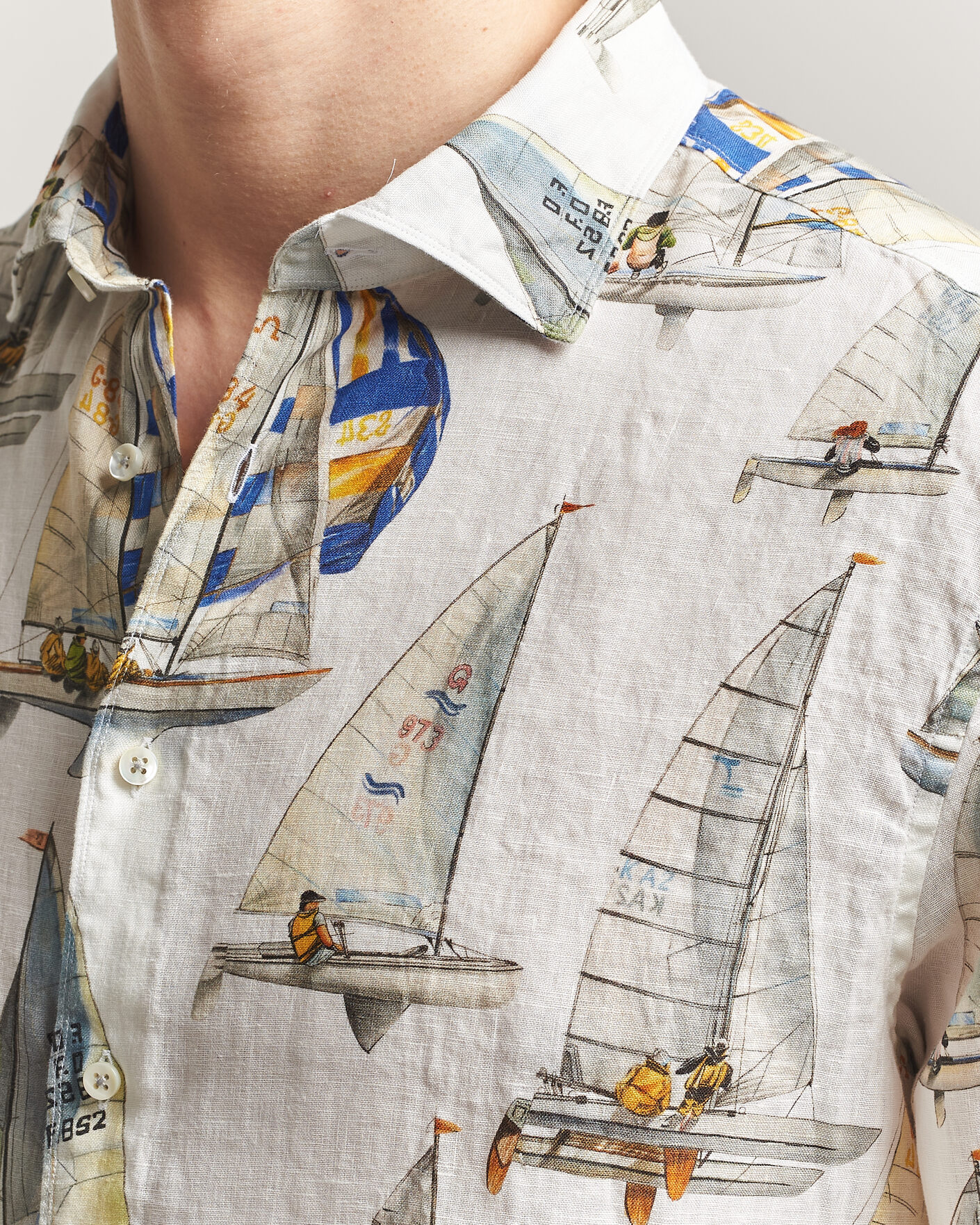 Heren | Overhemden | Stenströms | Regular Fit Printed Sailing Linen Shirt White