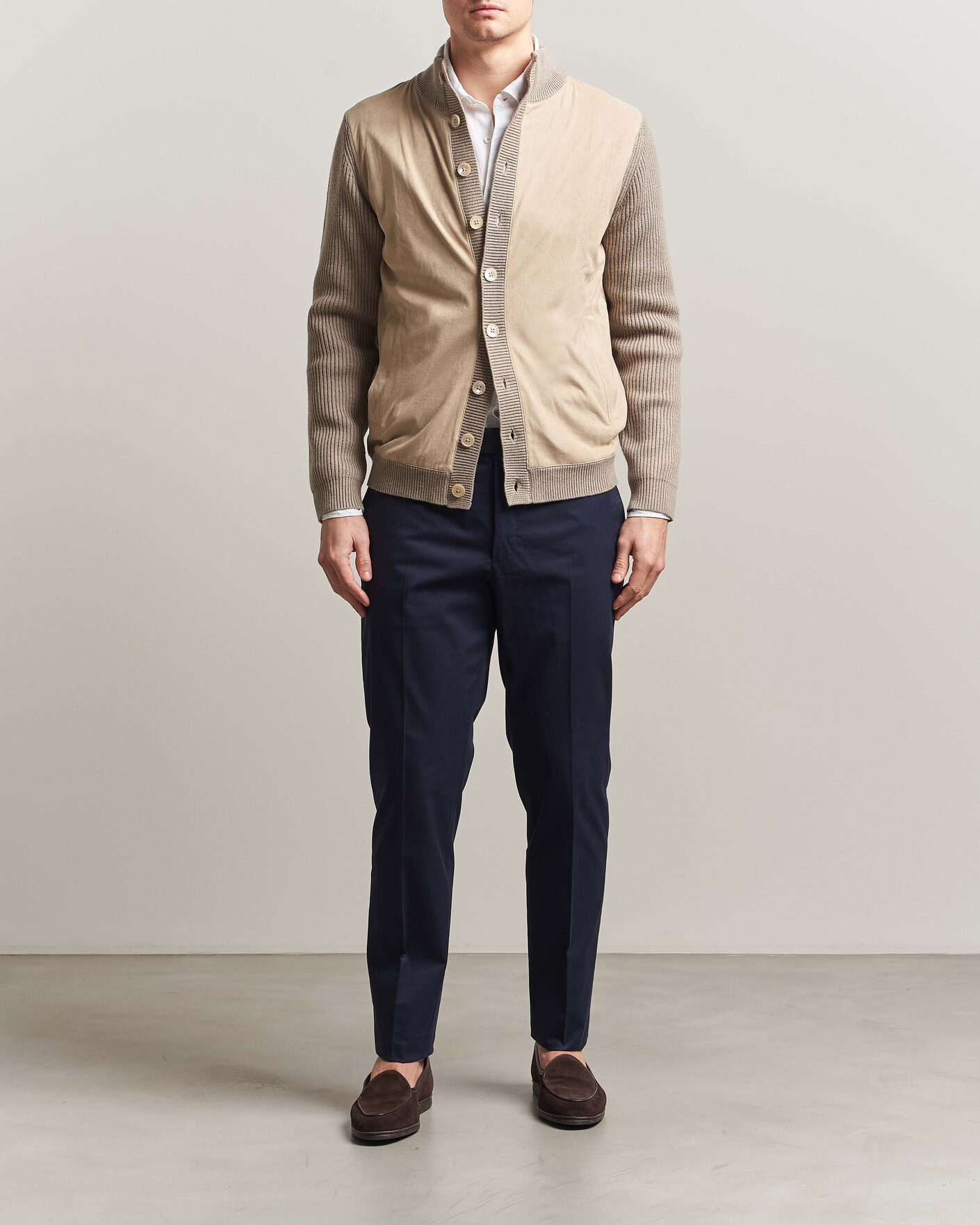 Heren | Truien | Stenströms | Knitted Hybrid Buttoned Alcantara Cardigan Taupe