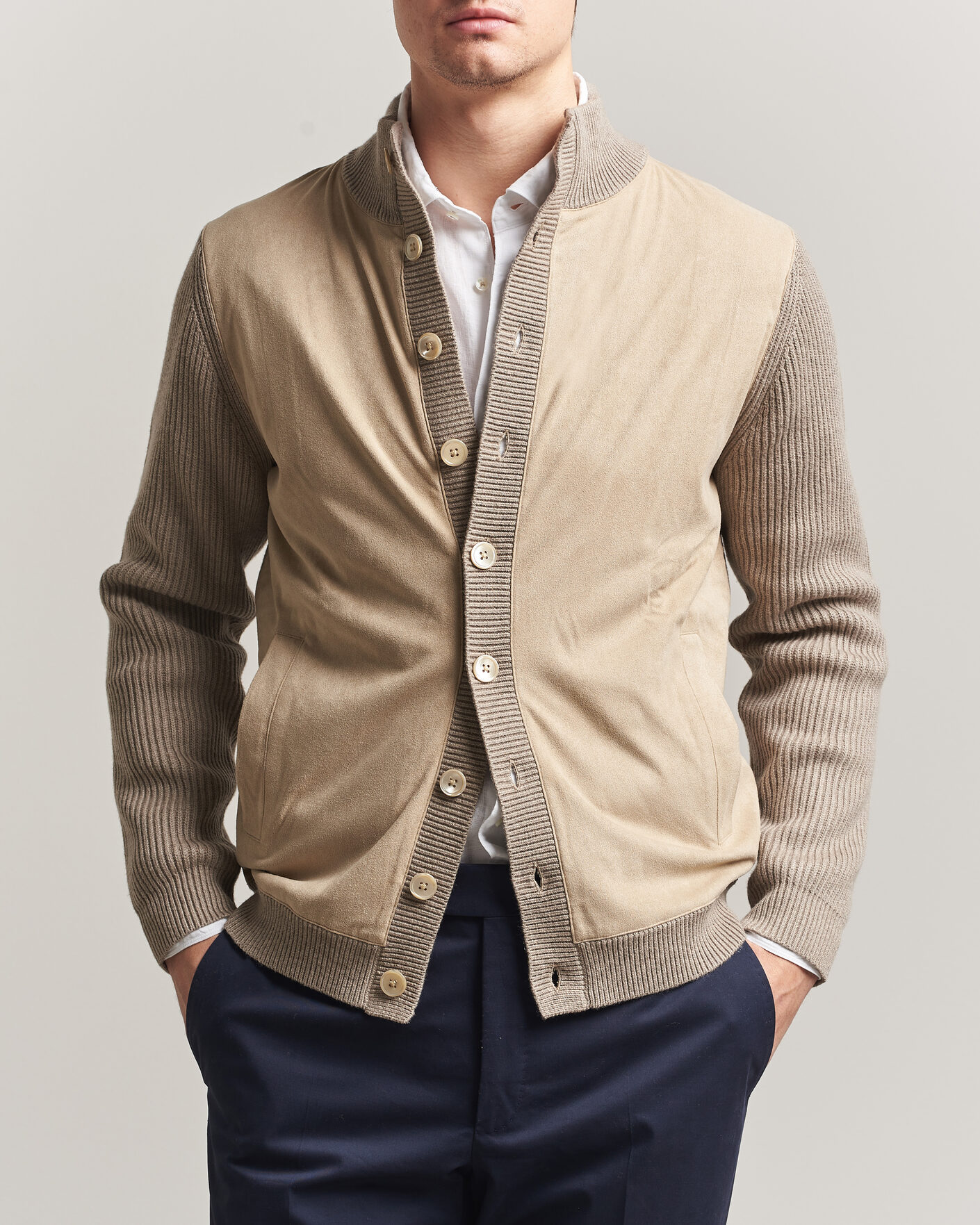Heren | Truien | Stenströms | Knitted Hybrid Buttoned Alcantara Cardigan Taupe