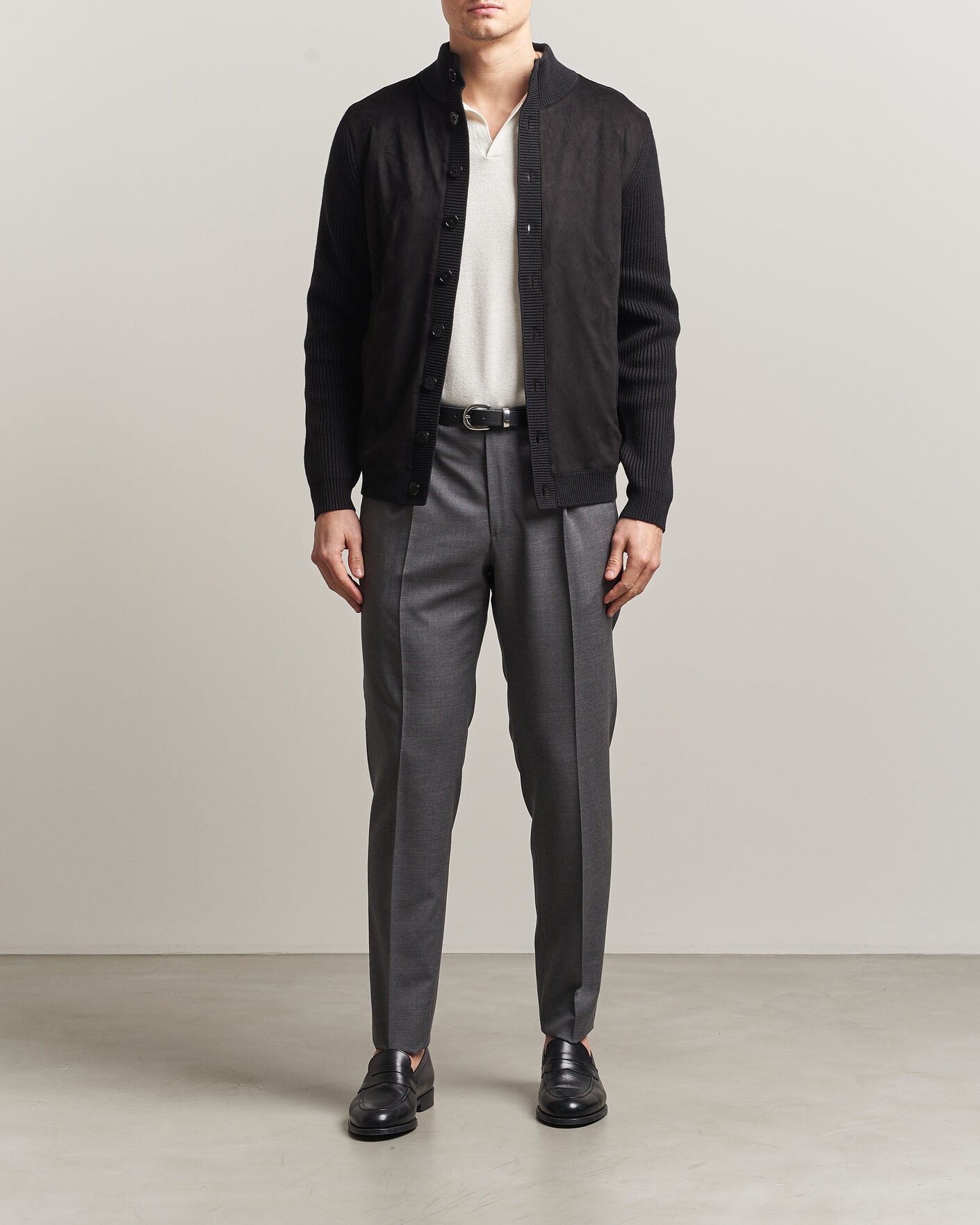 Heren | Truien | Stenströms | Knitted Hybrid Buttoned Alcantara Cardigan Black