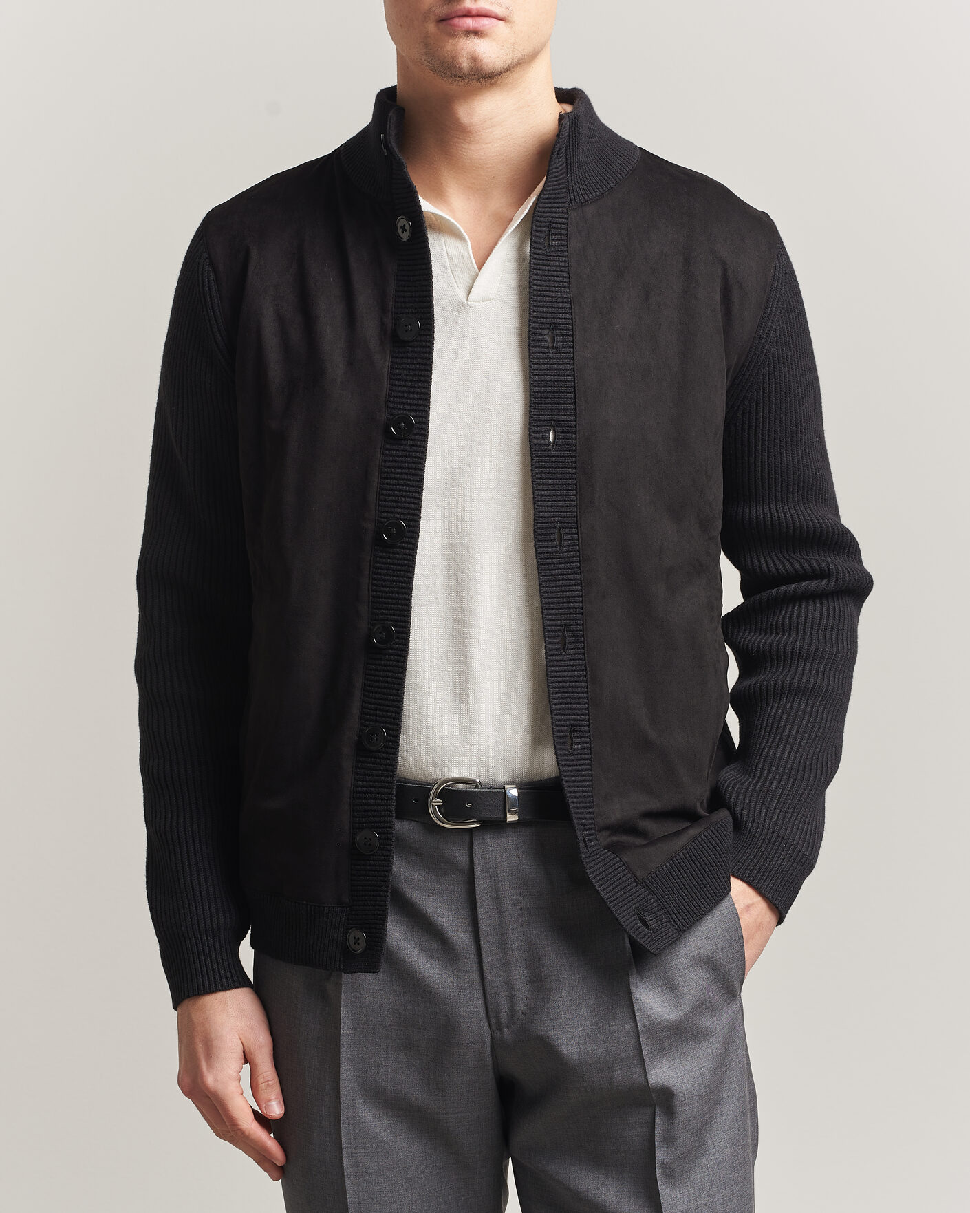Heren | Truien | Stenströms | Knitted Hybrid Buttoned Alcantara Cardigan Black