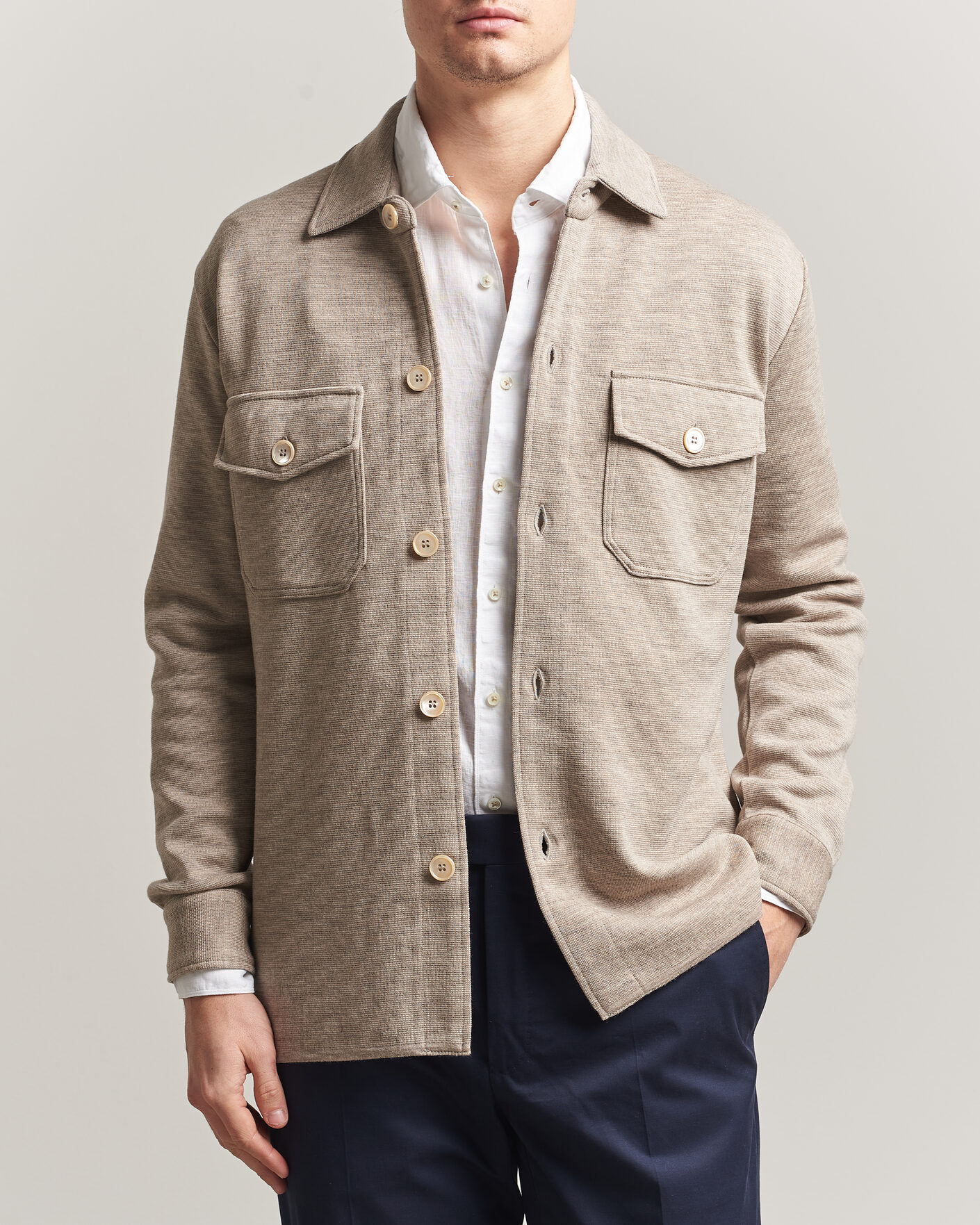 Heren | Truien | Stenströms | Milano Knitted Merino Overshirt Beige