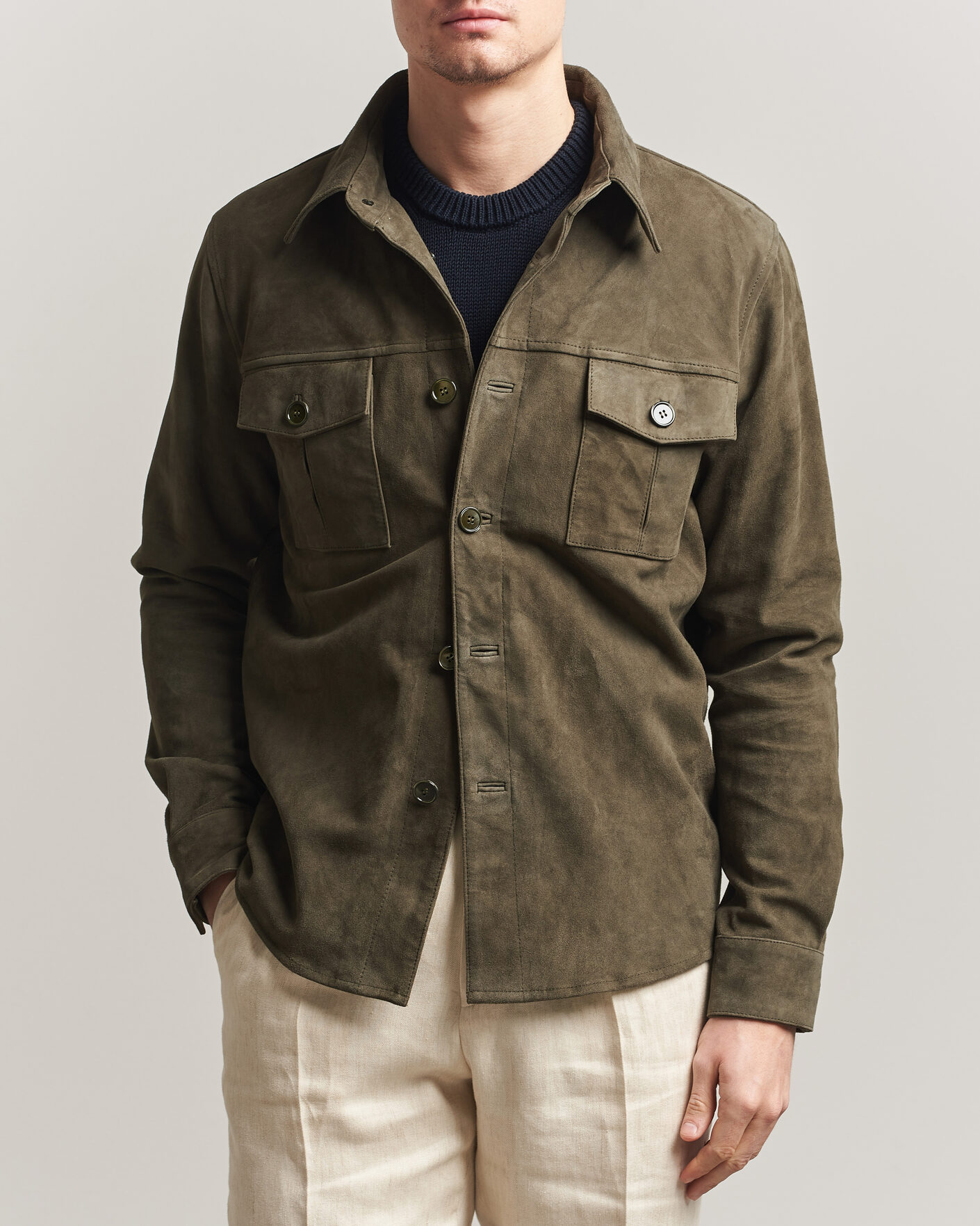 Heren | Jassen | Stenströms | Suede Pocket Overshirt Olive
