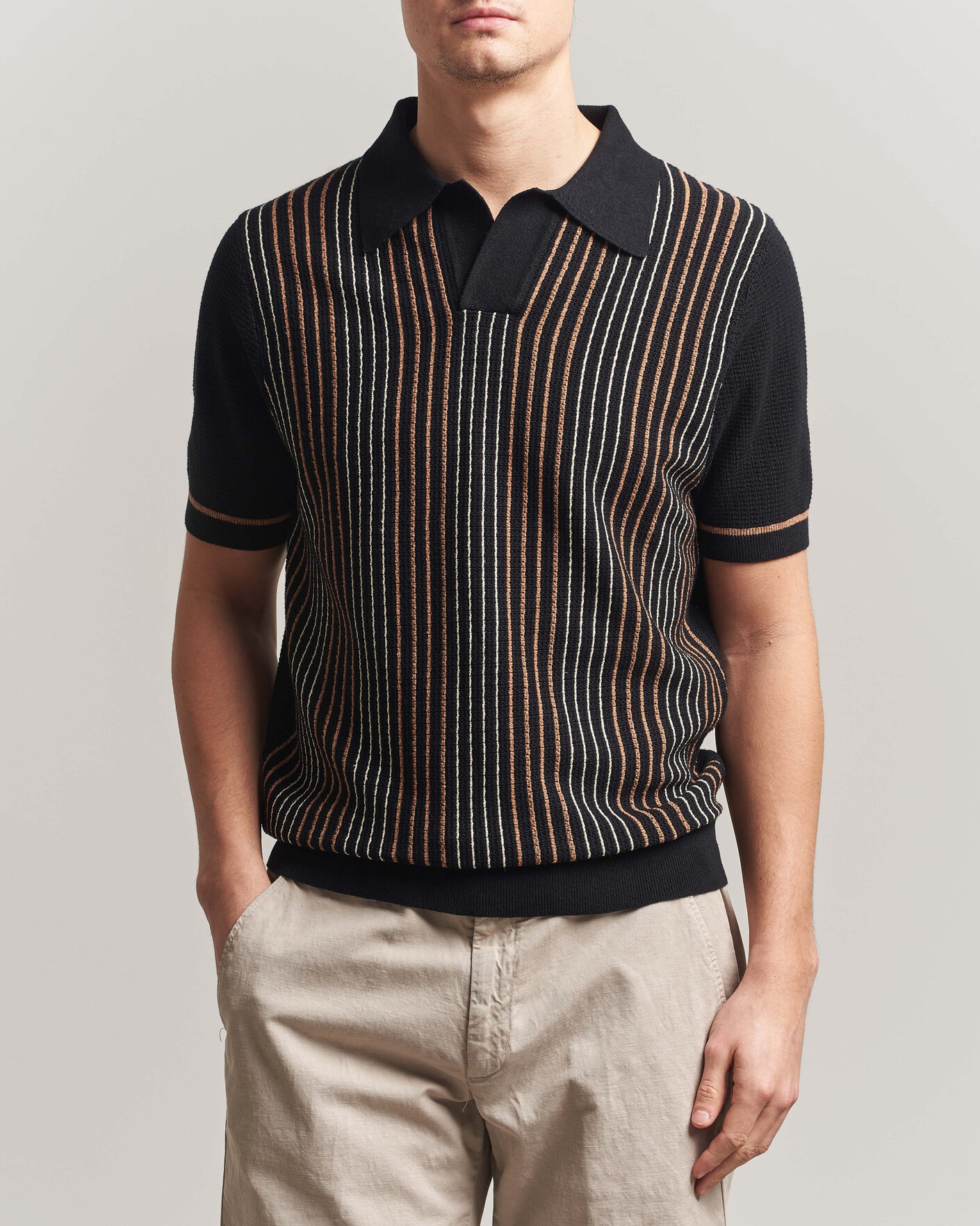 Heren | Polo's | Stenströms | Knitted Stripe Hemp/Cotton Polo Black