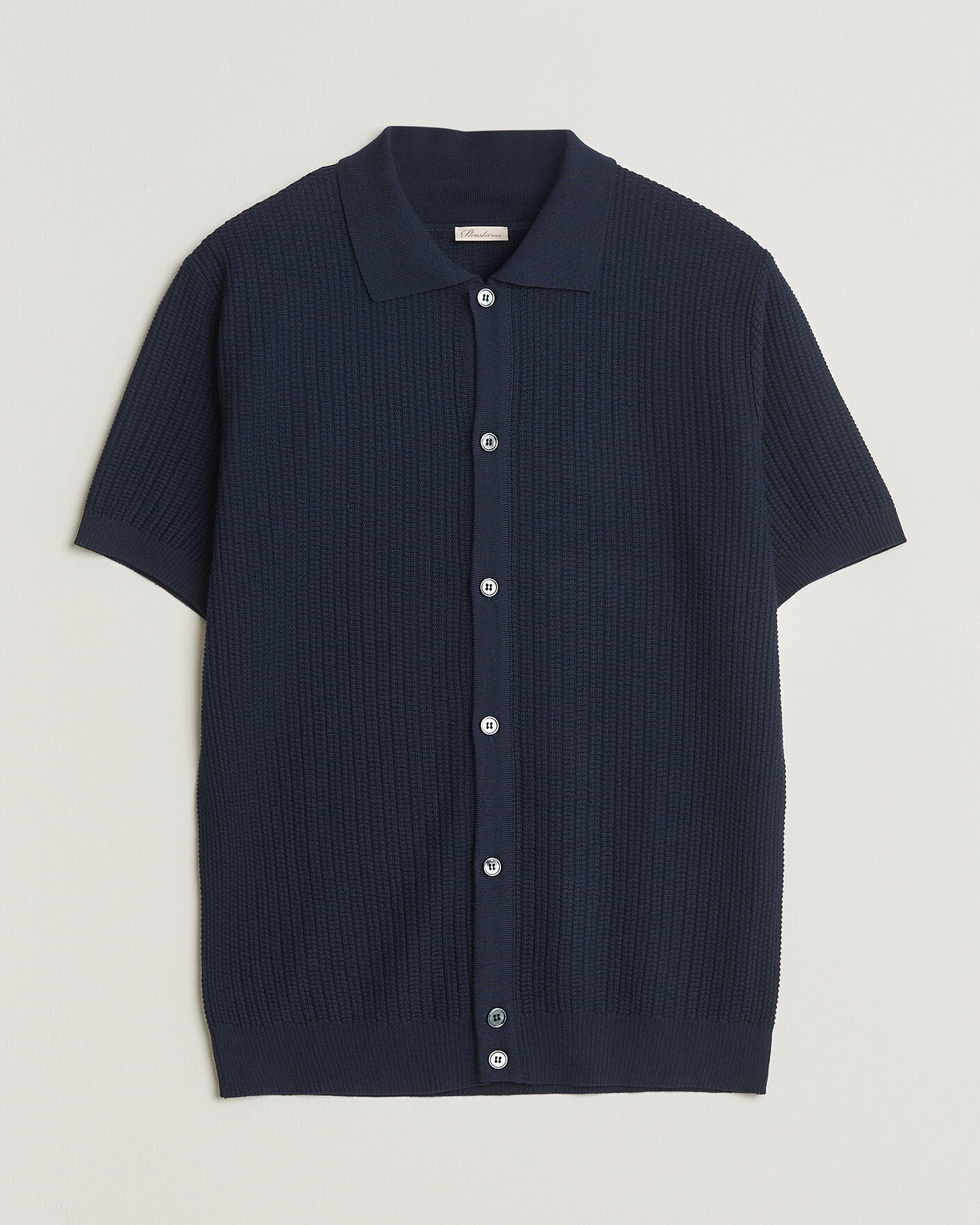 Heren | Polo's | Stenströms | Knitted Buttonthru Merino Polo Shirt Navy