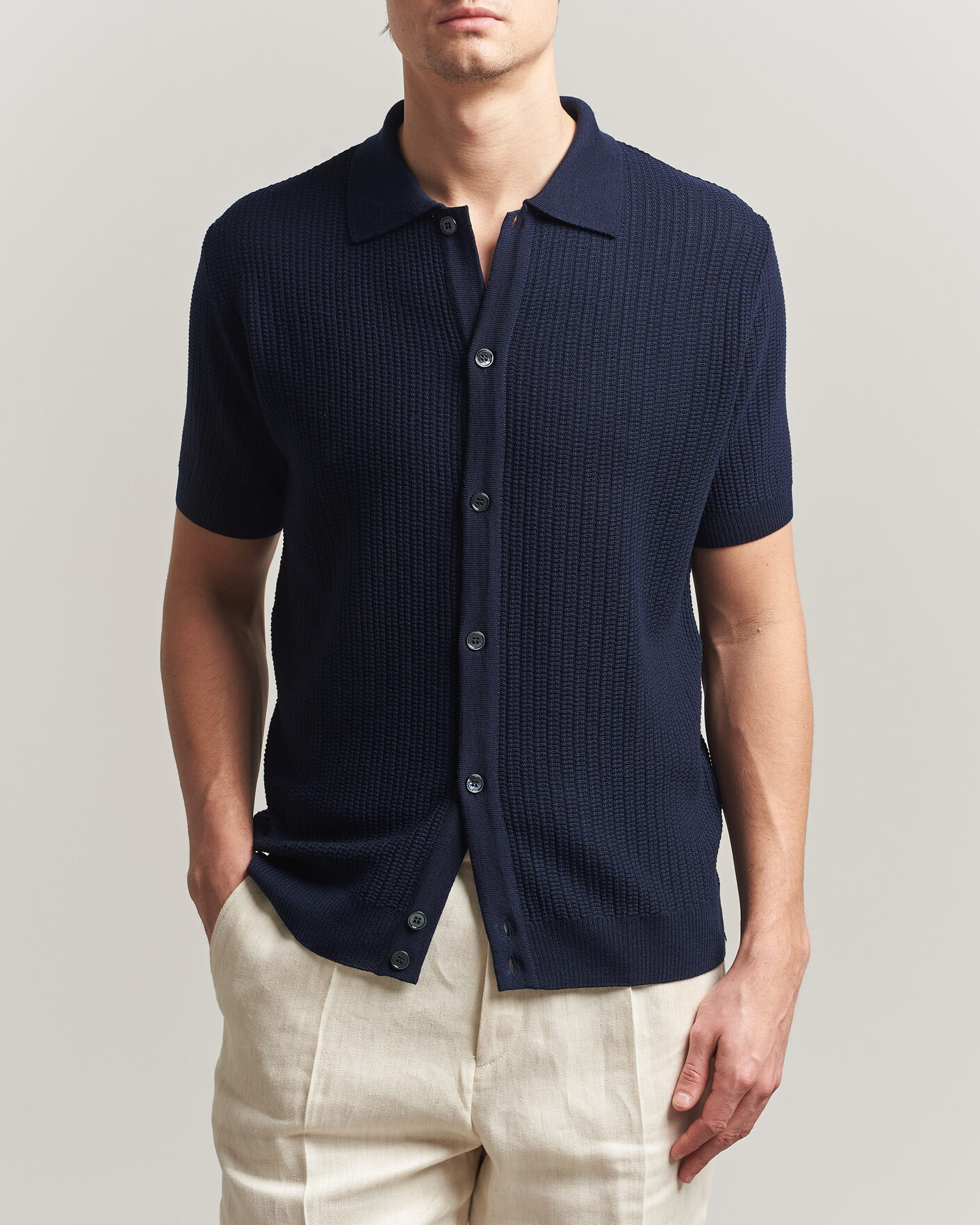 Heren | Polo's | Stenströms | Knitted Buttonthru Merino Polo Shirt Navy