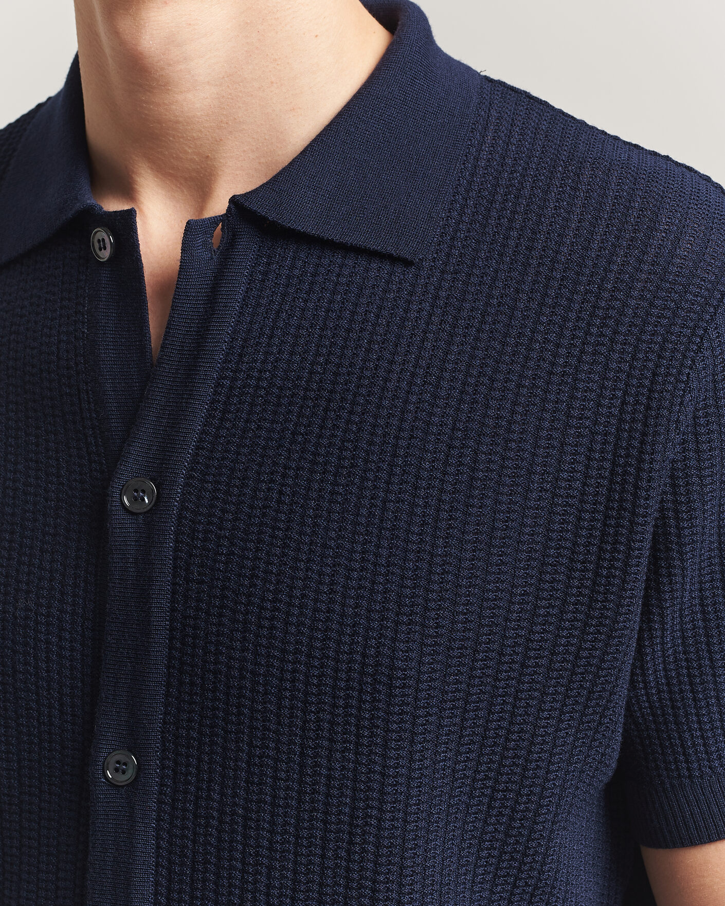 Heren | Polo's | Stenströms | Knitted Buttonthru Merino Polo Shirt Navy
