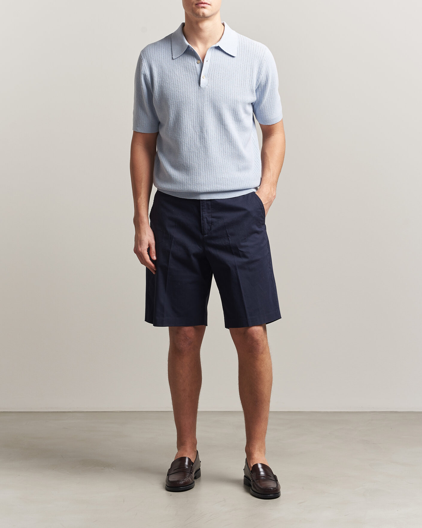 Heren | Polo's | Stenströms | Knitted Textured Cotton/Hemp Polo Light Blue