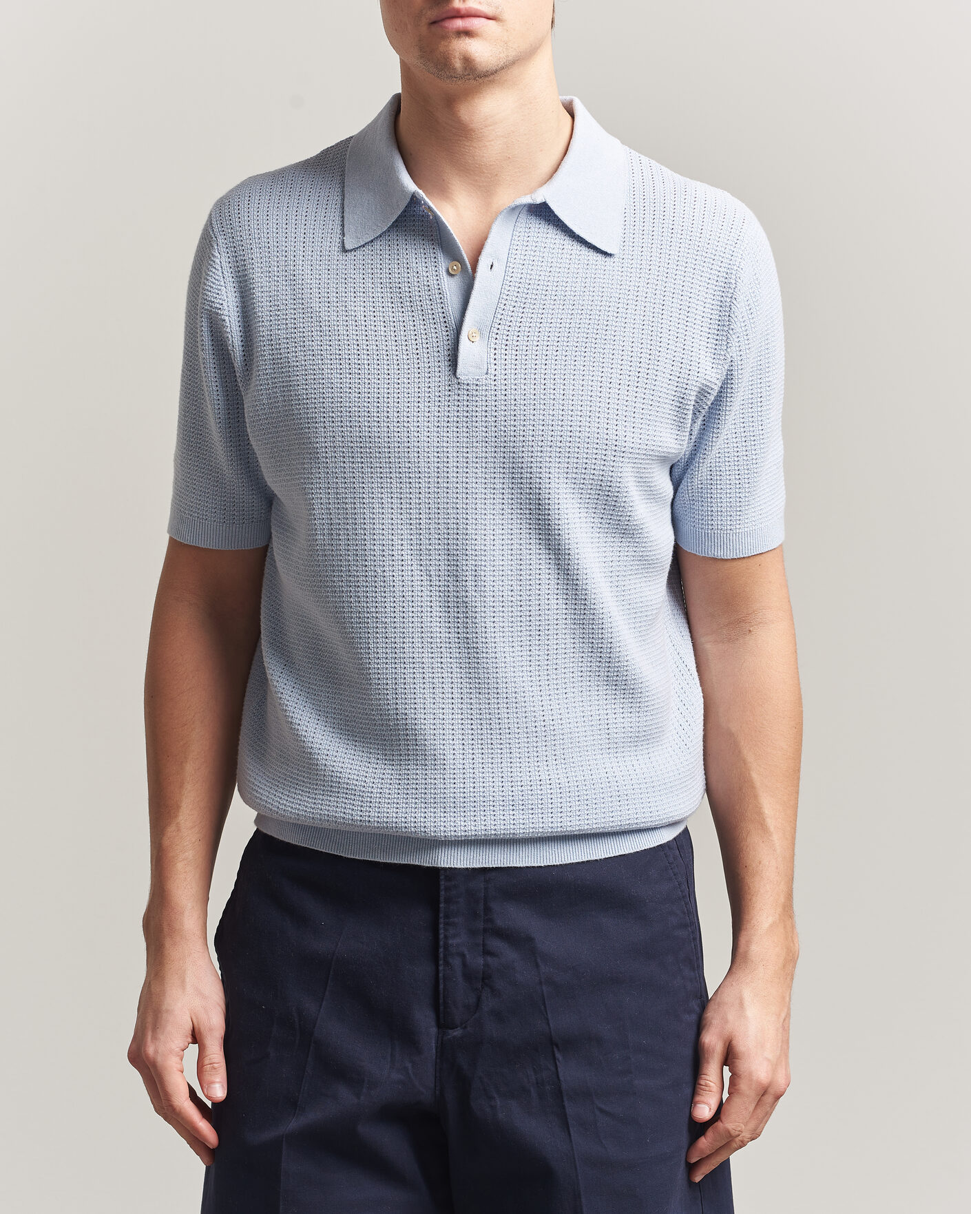 Heren | Polo's | Stenströms | Knitted Textured Cotton/Hemp Polo Light Blue