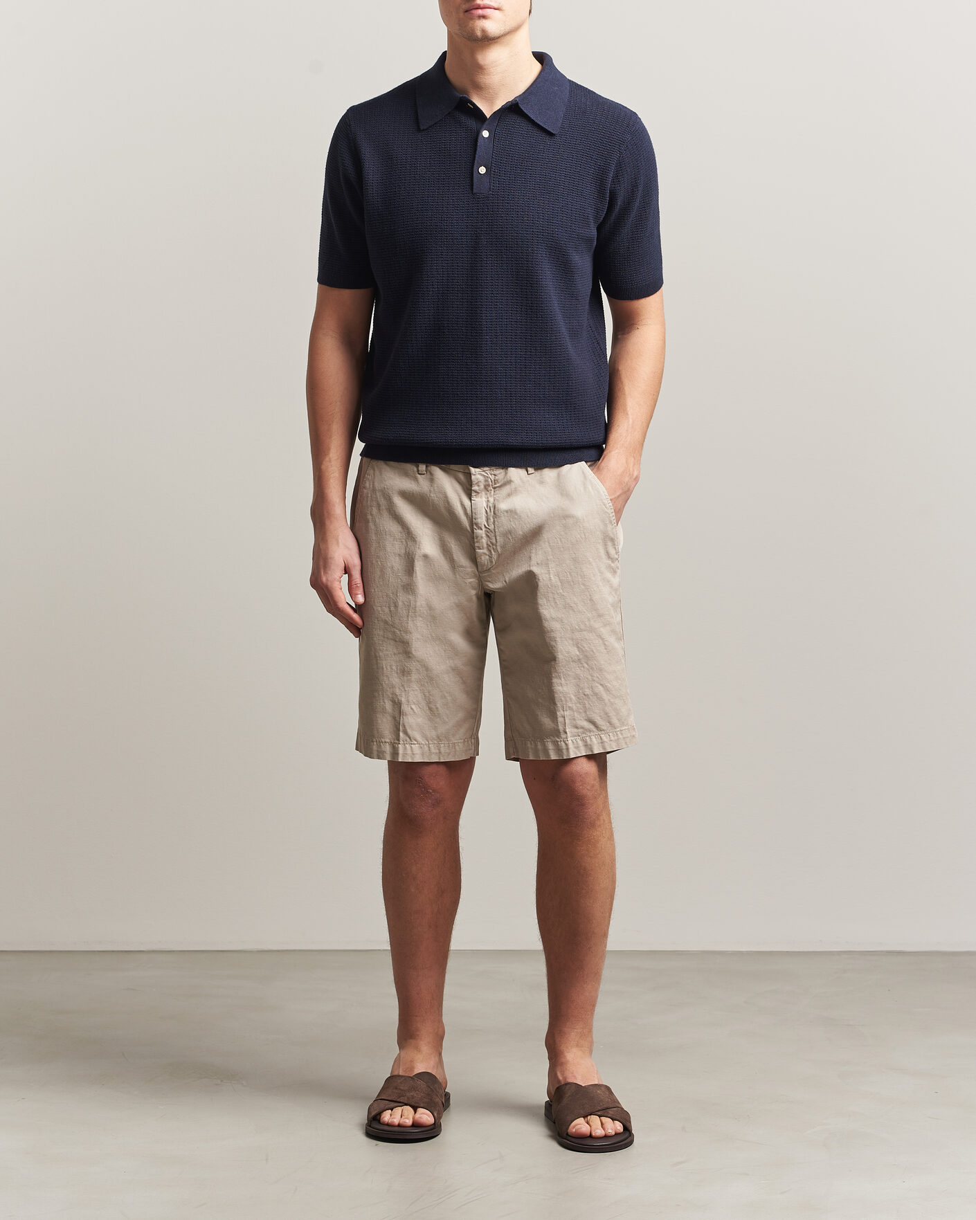 Heren | Polo's | Stenströms | Knitted Textured Cotton/Hemp Polo Navy