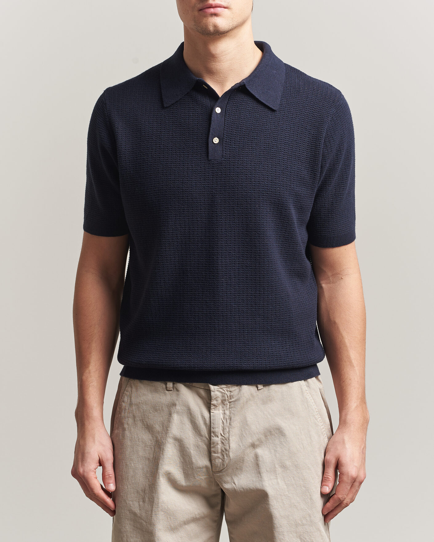 Heren | Polo's | Stenströms | Knitted Textured Cotton/Hemp Polo Navy
