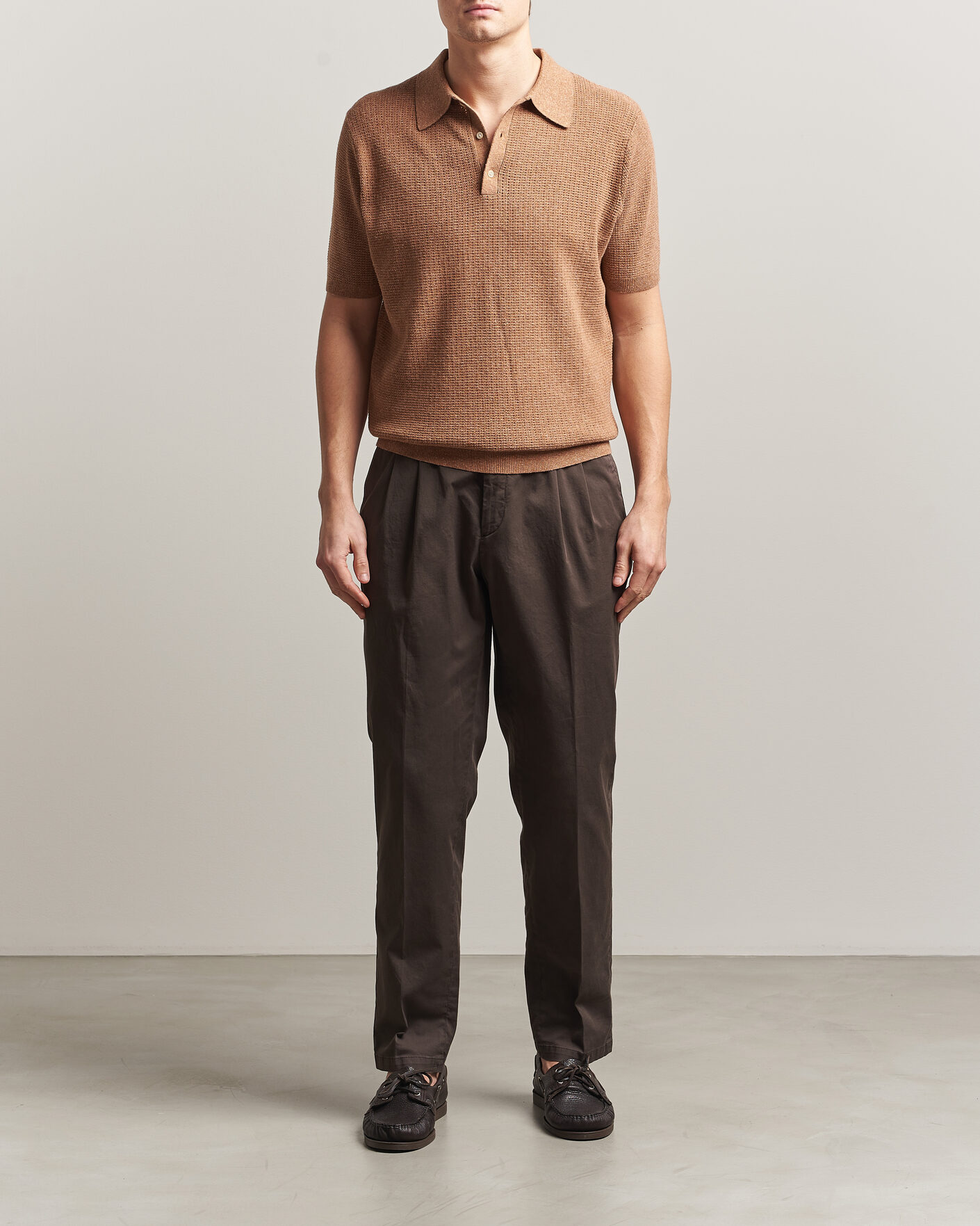 Heren | Polo's | Stenströms | Knitted Textured Cotton/Hemp Polo Light Brown
