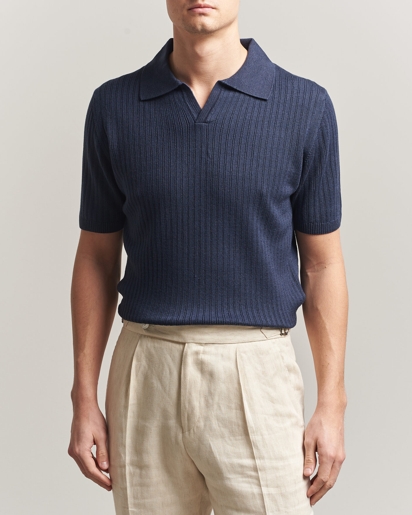 Heren | Polo's | Stenströms | Linen/Merino Structured Polo Navy