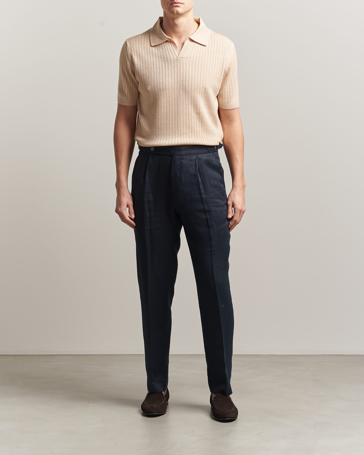 Heren | Polo's | Stenströms | Linen/Merino Structured Polo Beige