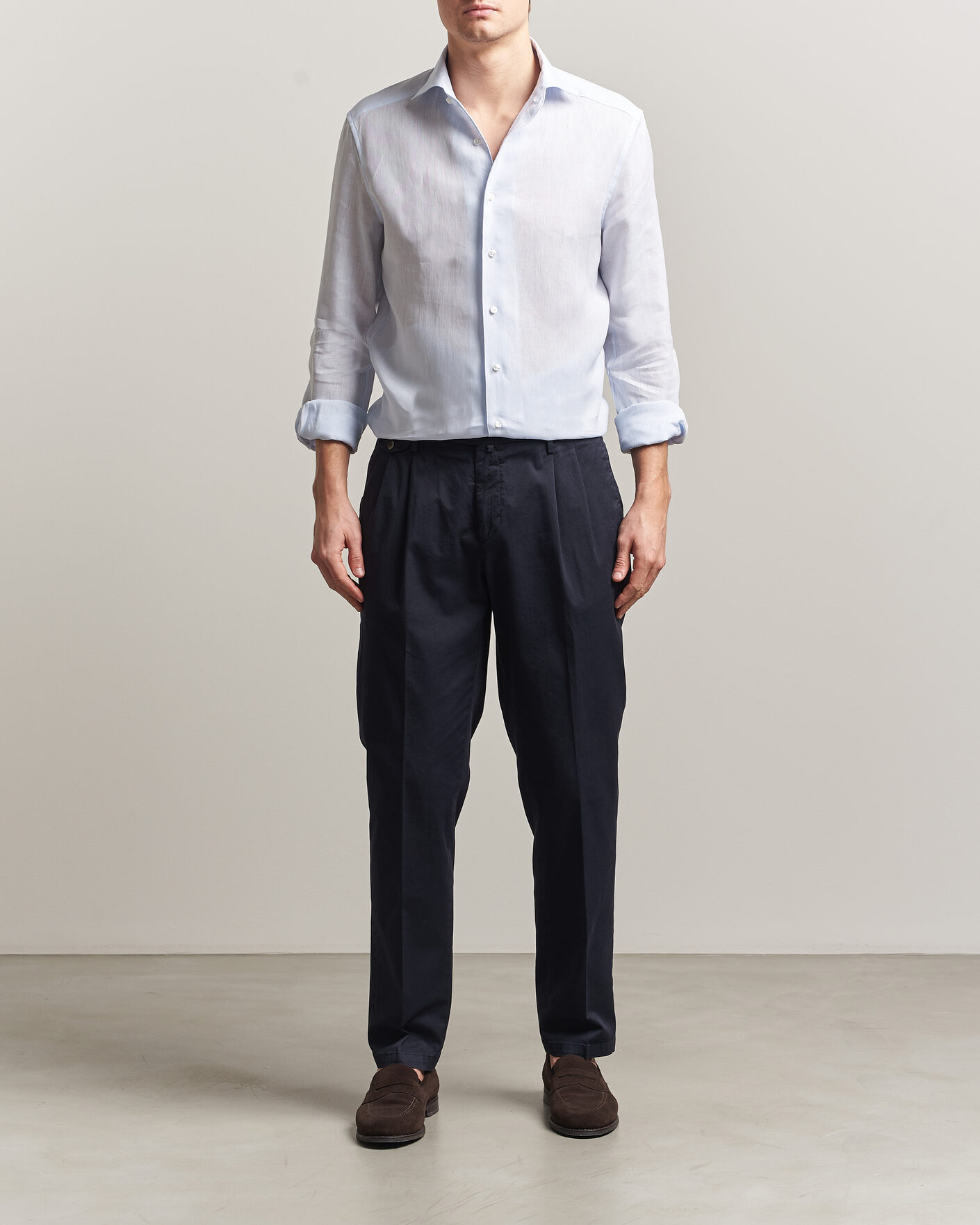 Heren | Overhemden | Stenströms | 1899 Linen One Piece Collar Shirt Light Blue
